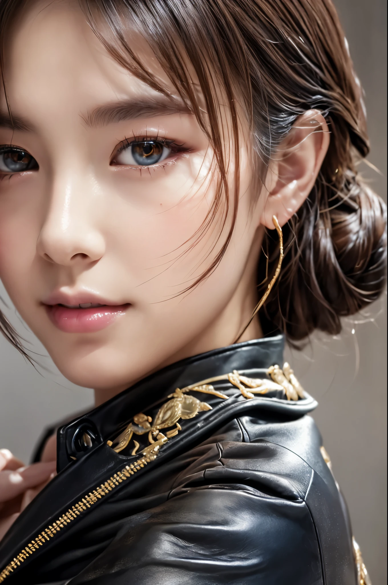 (Detailed illustrations,Very detailed and detailed drawing,Delicate lines with slow and rapid,Realistic texture expression),[Color tressed main line],[Briefing Room Background],(JapaneseGirl (Beautiful fece) Cyborg 30 years old) [Wild Hair]) well-muscled, Both arms of the machine [Built-in V8 engine:0.3],(Black leather jacket) (Translucent rubber inner),[[Chrome coating:0.5]],(Science Fiction Mechanical [Bioengineering]),(Intricate and beautiful decoration [Dense detail]),(Fine and beautiful skin expression [Transparency]),[Perfect eye details (Iris beautifully drawn in every detail)[Jewel-like eyes]],[long and beautiful eyelashes],[Meticulously drawn hair [More on beautiful and shiny hair]],(Perfect hand details [Beautiful fingers without breakdowns [Beautiful nails]]),(Perfect Anatomy (Perfectly proportioned)) [[Full body like]],[Ideal color coordination(Accurate simulation of light-material interactions)],(HighQuality,[Precision Detail] hight resolution,(detaileds,high-detail)),[Visual art that conveys a sense of narrative].