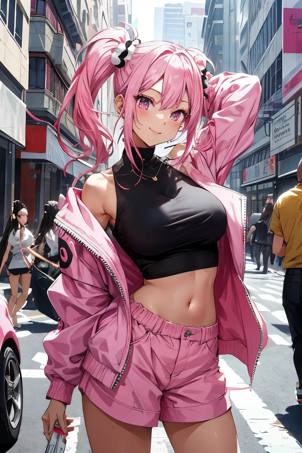 The sky is low, mix_Artwork Style, Hanging , big , Cleavage, Sweaty, sexy, thick, 1 girl, Brown eyes, Pink Hair, Long Hair, Dark Skin, Pink bear ears, Long sleeve, Sleeves are longer than the wrist, Crop top, Improve, lips, White nails, Long nails