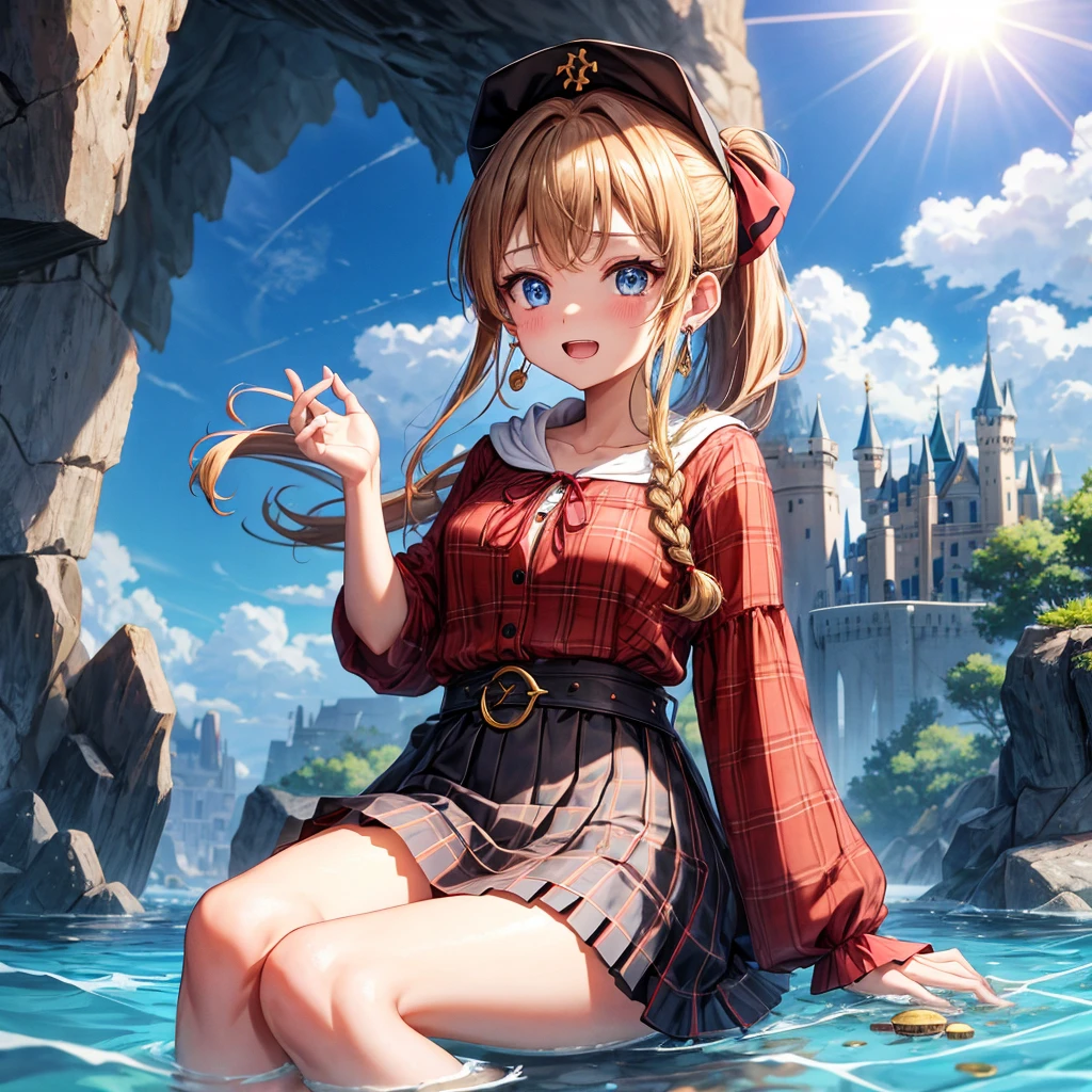 reddish-brown blonde、blue eyes、Braid、ponytail、one good looking girl、solo、anime、Plaid miniskirt、the skirt has buttons、camisole、black t-shirt、dress、Doing the ribbon、Ribbon at waist、cloak、Crystal Grotto、hood、desert、clouds are swirling、stone slabs are piled up、One hand is raised、Wearing a baseball cap 、crystal earrings、sun、sitting、gold coins are falling、teeth are visible、splash of water、monster castle、have a world map