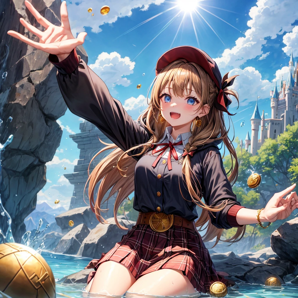 reddish-brown blonde、blue eyes、Braid、ponytail、one good looking girl、solo、anime、Plaid miniskirt、the skirt has buttons、camisole、black t-shirt、dress、Doing the ribbon、Ribbon at waist、cloak、Crystal Grotto、hood、desert、clouds are swirling、stone slabs are piled up、One hand is raised、Wearing a baseball cap 、crystal earrings、sun、sitting、gold coins are falling、teeth are visible、splash of water、monster castle、have a world map