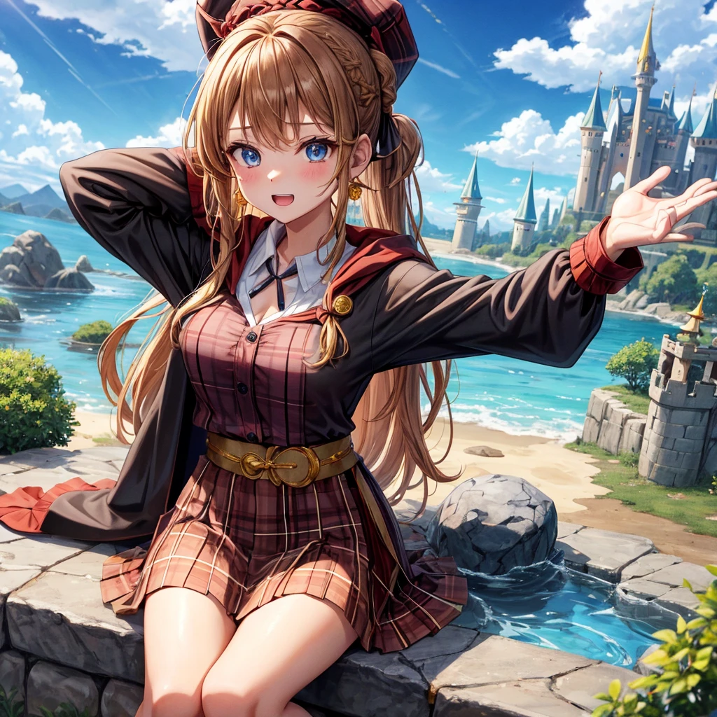 reddish-brown blonde、blue eyes、Braid、ponytail、one good looking girl、solo、anime、Plaid miniskirt、the skirt has buttons、camisole、black t-shirt、dress、Doing the ribbon、Ribbon at waist、cloak、Crystal Grotto、hood、desert、clouds are swirling、stone slabs are piled up、One hand is raised、Wearing a baseball cap 、crystal earrings、sun、sitting、gold coins are falling、teeth are visible、splash of water、monster castle、have a world map
