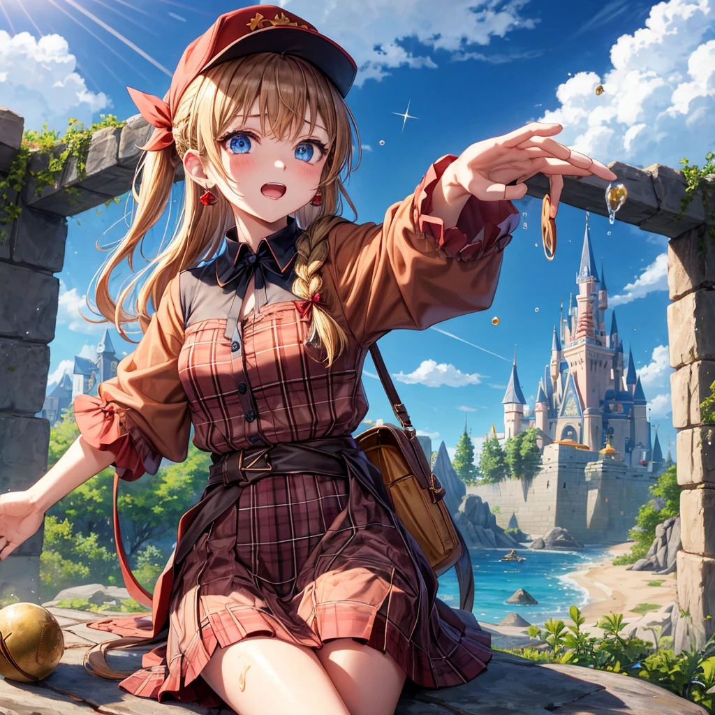 reddish-brown blonde、blue eyes、Braid、ponytail、one good looking girl、solo、anime、Plaid miniskirt、the skirt has buttons、camisole、black t-shirt、dress、Doing the ribbon、Ribbon at waist、cloak、Crystal Grotto、hood、desert、clouds are swirling、stone slabs are piled up、One hand is raised、Wearing a baseball cap 、crystal earrings、sun、sitting、gold coins are falling、teeth are visible、splash of water、monster castle、have a world map