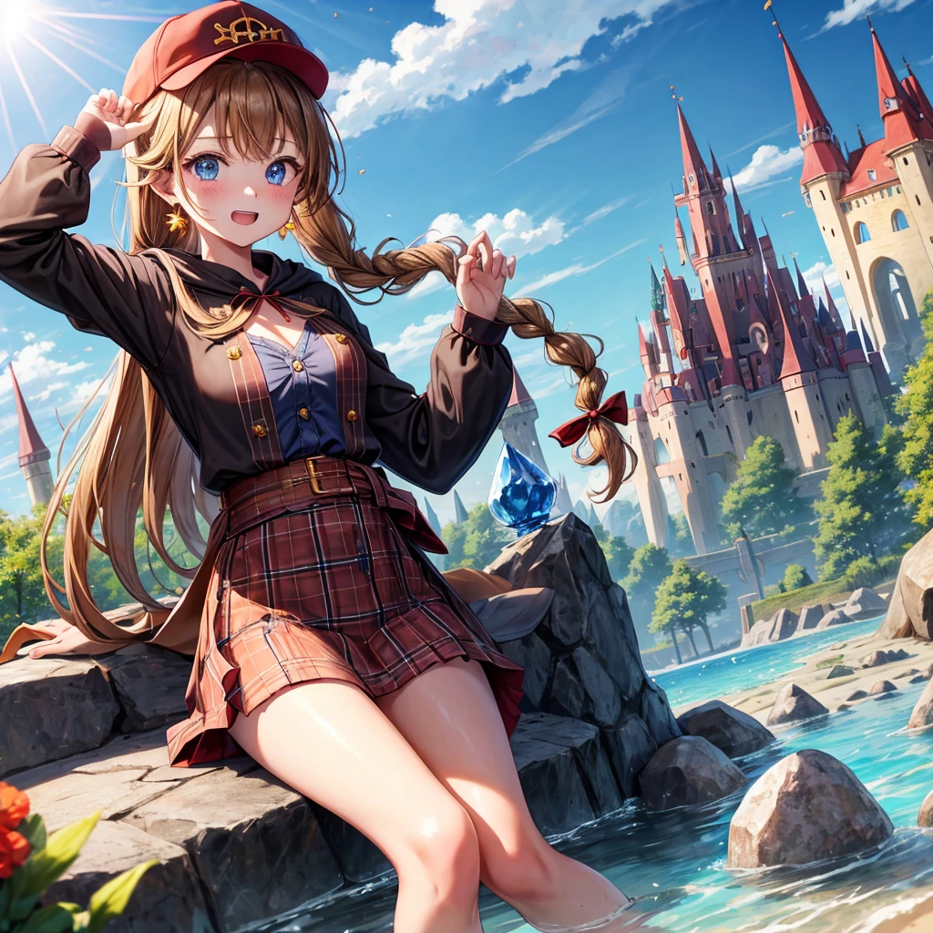 reddish-brown blonde、blue eyes、Braid、ponytail、one good looking girl、solo、anime、Plaid miniskirt、the skirt has buttons、camisole、black t-shirt、dress、Doing the ribbon、Ribbon at waist、cloak、Crystal Grotto、hood、desert、clouds are swirling、stone slabs are piled up、One hand is raised、Wearing a baseball cap 、crystal earrings、sun、sitting、gold coins are falling、teeth are visible、splash of water、monster castle、have a world map