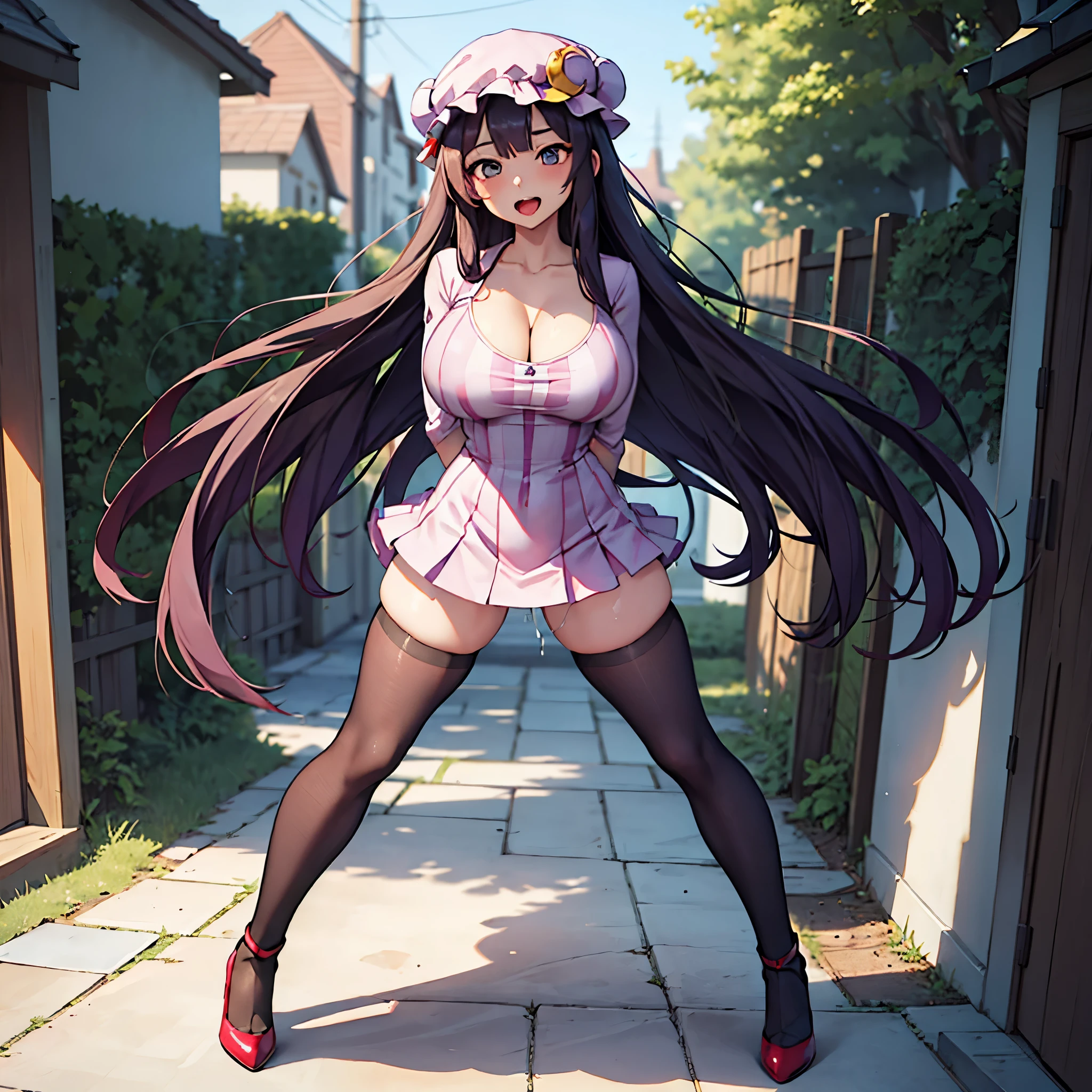 (Patchouli toho character), (standing at lakeside forest), outside, (standing with open legs wide:1.6), (thin arms behind back:1.3), (bending back:1.2), tiptoe, (pigeon toed), BREAK, (disproportionately gigantic huge perky breasts:1.3), cleavage, bouncing breasts, inconceivably thin waist, very short thin torso, (thin long legs apart:1.3), BREAK, very short miniskirt, thigh gap, (black thighhighs:1.2), highheels, BREAK, smile for viewer, open mouth, nose blush, full body, (excessive pussy juice dripping between legs:1.2)