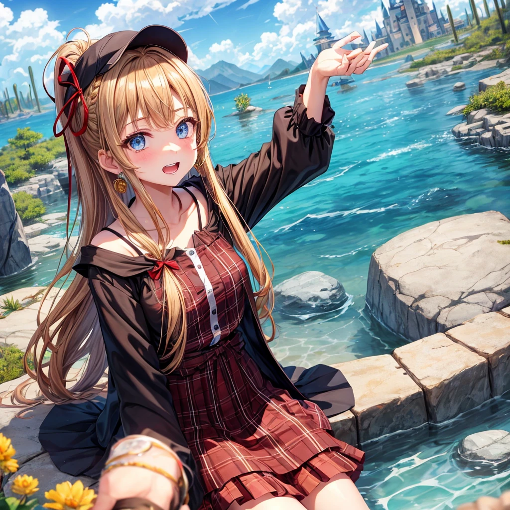 reddish-brown blonde、blue eyes、Braid、ponytail、one good looking girl、solo、anime、Plaid miniskirt、the skirt has buttons、camisole、black t-shirt、dress、Doing the ribbon、Ribbon at waist、cloak、Crystal Grotto、hood、desert、clouds are swirling、stone slabs are piled up、One hand is raised、Wearing a baseball cap 、crystal earrings、sun、sitting、gold coins are falling、teeth are visible、splash of water、monster castle、have a world map