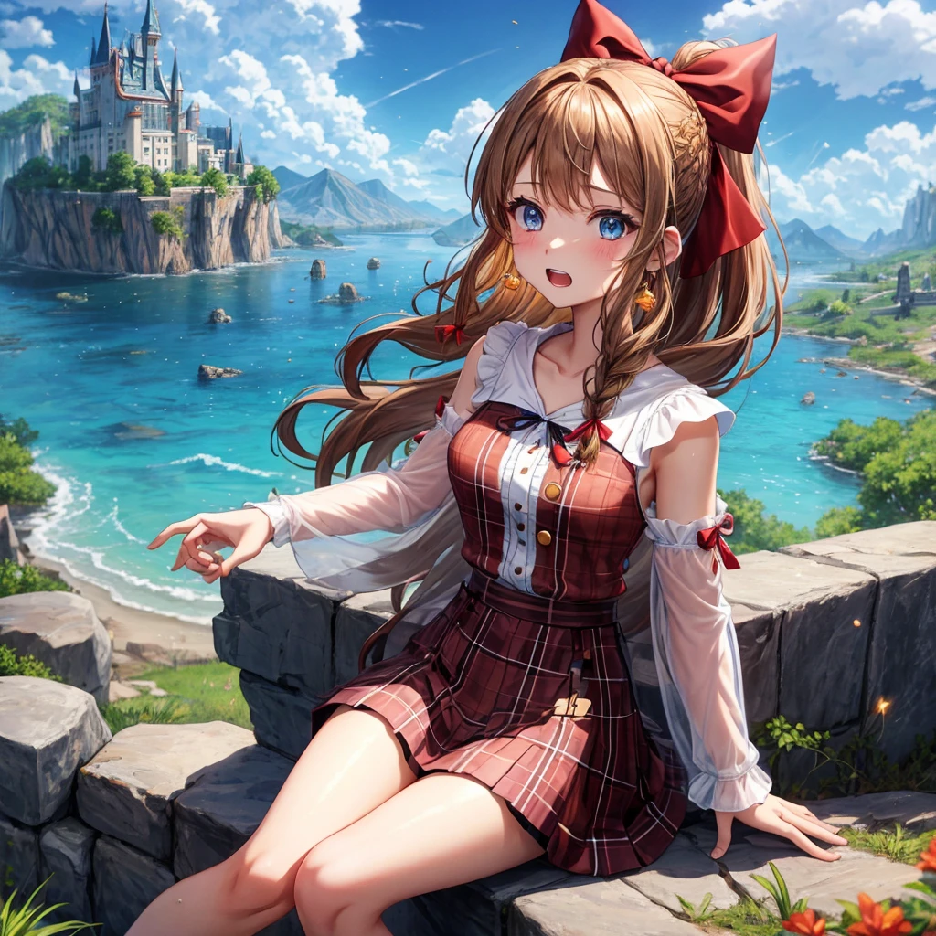 reddish-brown blonde、blue eyes、Braid、ponytail、one good looking girl、solo、anime、Plaid miniskirt、the skirt has buttons、camisole、black t-shirt、dress、Doing the ribbon、Ribbon at waist、cloak、Crystal Grotto、hood、desert、clouds are swirling、stone slabs are piled up、One hand is raised、Wearing a baseball cap 、crystal earrings、sun、sitting、gold coins are falling、teeth are visible、splash of water、monster castle、have a world map