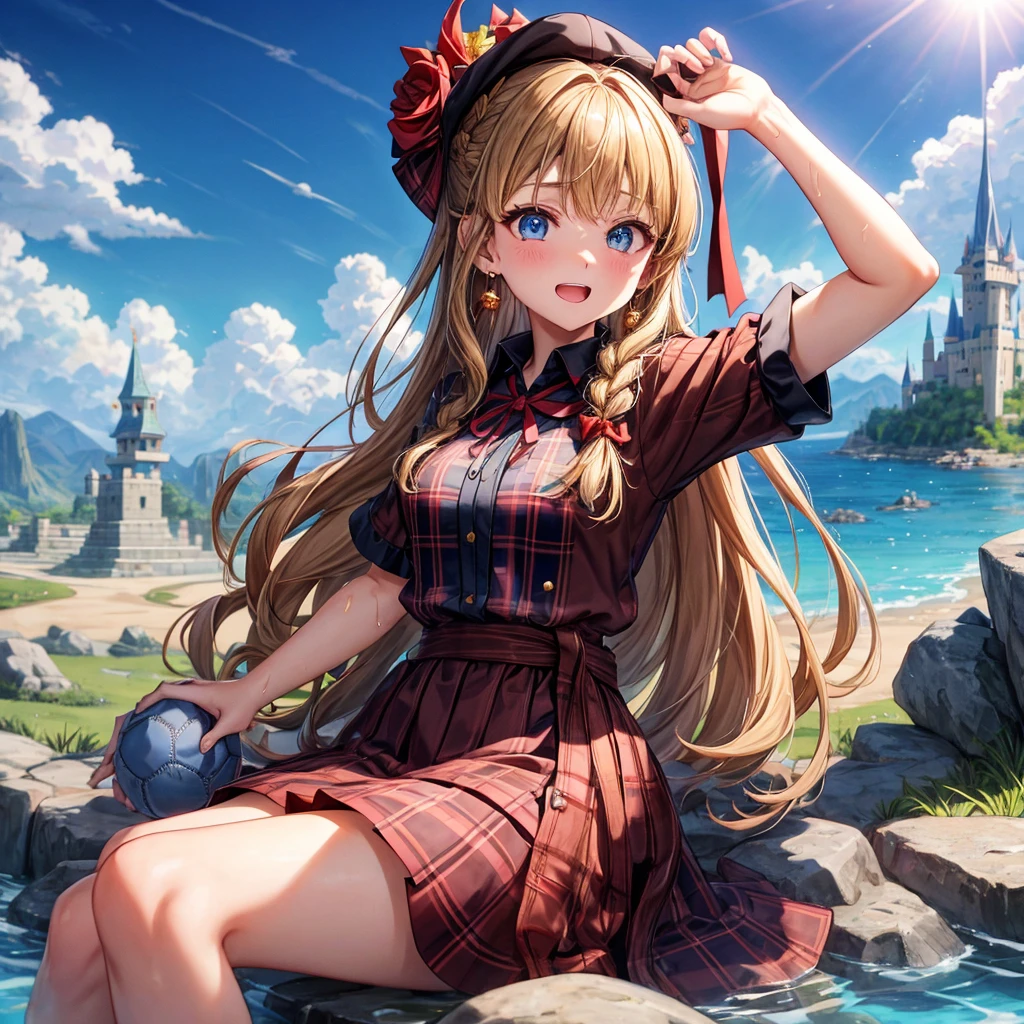 reddish-brown blonde、blue eyes、Braid、ponytail、one good looking girl、solo、anime、Plaid miniskirt、the skirt has buttons、camisole、black t-shirt、dress、Doing the ribbon、Ribbon at waist、cloak、Crystal Grotto、hood、desert、clouds are swirling、stone slabs are piled up、One hand is raised、Wearing a baseball cap 、crystal earrings、sun、sitting、gold coins are falling、teeth are visible、splash of water、monster castle、have a world map