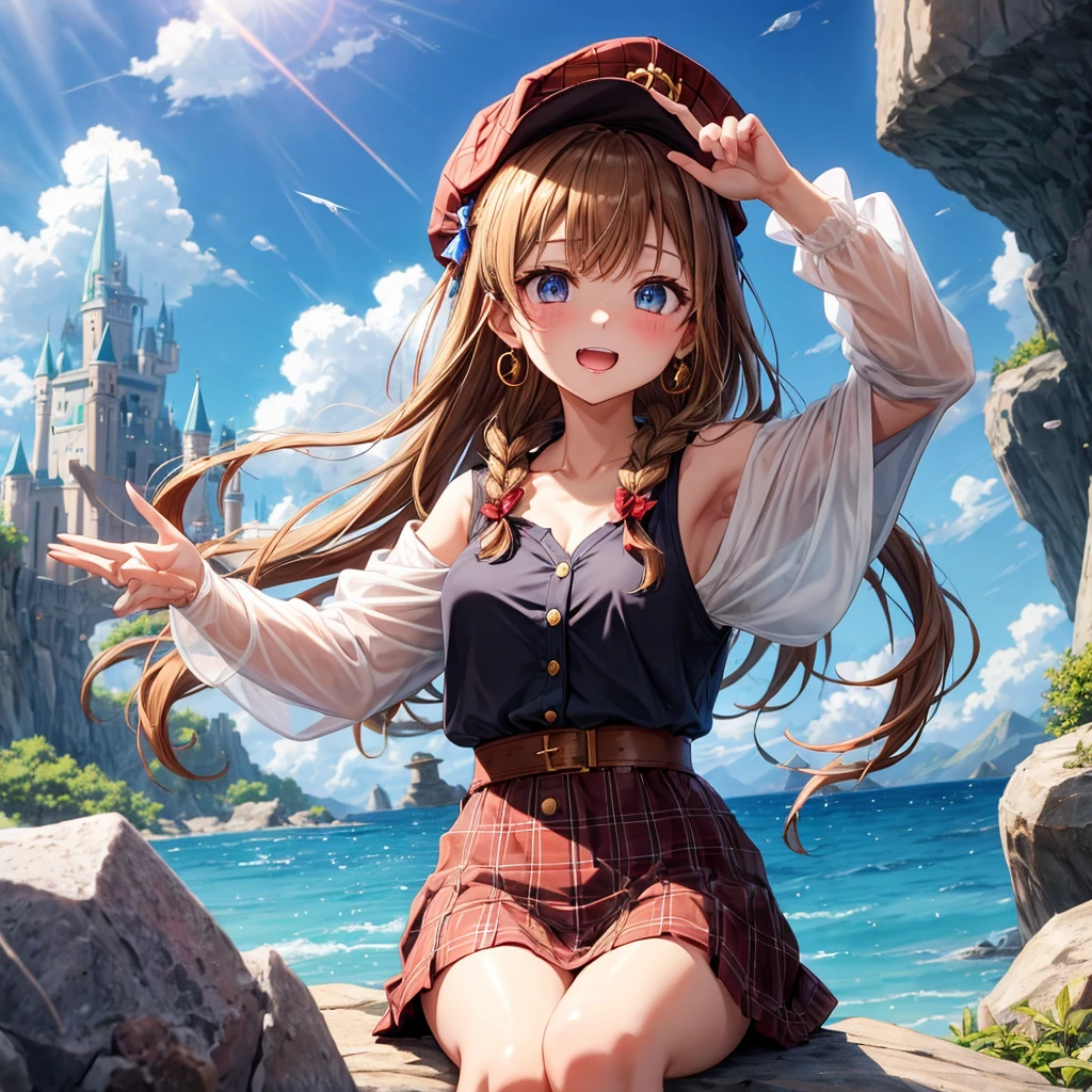reddish-brown blonde、blue eyes、Braid、ponytail、one good looking girl、solo、anime、Plaid miniskirt、the skirt has buttons、camisole、black t-shirt、dress、Doing the ribbon、Ribbon at waist、cloak、Crystal Grotto、hood、desert、clouds are swirling、stone slabs are piled up、One hand is raised、Wearing a baseball cap 、crystal earrings、sun、sitting、gold coins are falling、teeth are visible、splash of water、monster castle、have a world map