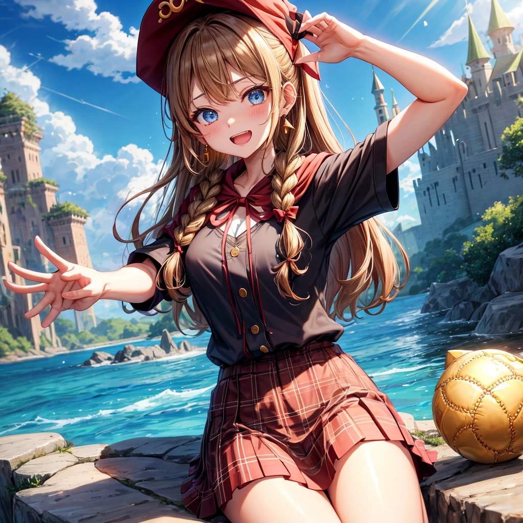 reddish-brown blonde、blue eyes、Braid、ponytail、one good looking girl、solo、anime、Plaid miniskirt、the skirt has buttons、camisole、black t-shirt、dress、Doing the ribbon、Ribbon at waist、cloak、Crystal Grotto、hood、desert、clouds are swirling、stone slabs are piled up、One hand is raised、Wearing a baseball cap 、crystal earrings、sun、sitting、gold coins are falling、teeth are visible、splash of water、monster castle、have a world map