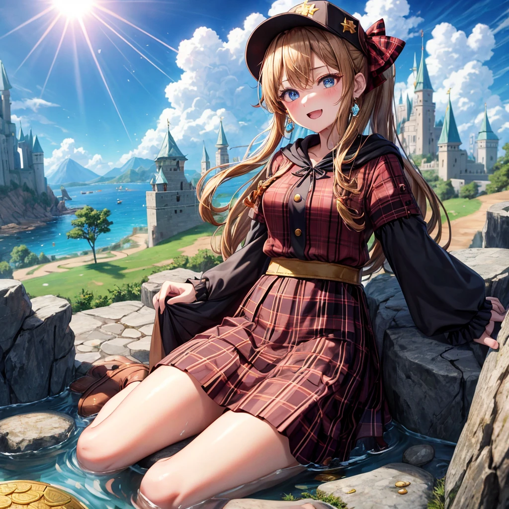 reddish-brown blonde、blue eyes、Braid、ponytail、one good looking girl、solo、anime、Plaid miniskirt、the skirt has buttons、camisole、black t-shirt、dress、Doing the ribbon、Ribbon at waist、cloak、Crystal Grotto、hood、desert、clouds are swirling、stone slabs are piled up、One hand is raised、Wearing a baseball cap 、crystal earrings、sun、sitting、gold coins are falling、teeth are visible、splash of water、monster castle、have a world map