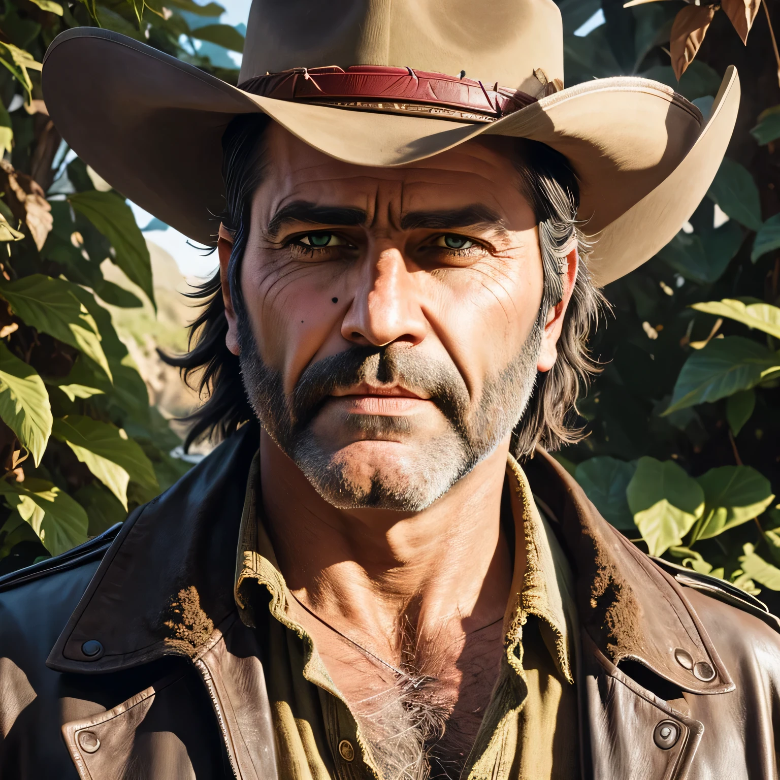 dpack2, a rugged cowboy and central character in the video game Red Dead Redemption 2, is depicted in stunning detail. This mesmerizing painting showcases the rough and weathered features of Arthur: his strong jawline, piercing eyes, and tousled hair, giving a glimpse into the wild world of the American frontier. The artist skillfully captures the authenticity of the character, with every crease and wrinkle expertly rendered, adding depth and realism to the image. Vibrant and rich colors bring life to the scene while creating a tangible sense of the game's immersive environment. This enchanting artwork superbly showcases the high caliber of the image through its intricate detailing and masterful execution.