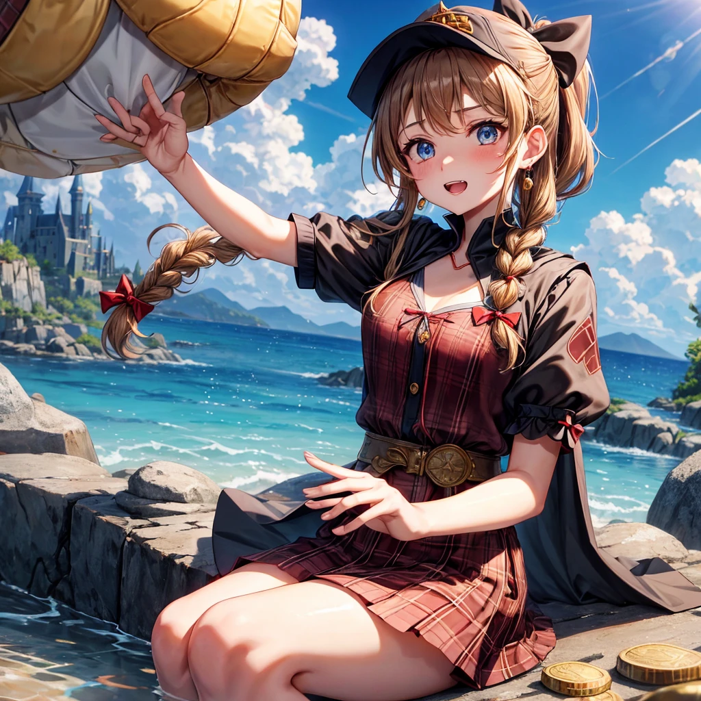 reddish-brown blonde、blue eyes、Braid、ponytail、one good looking girl、solo、anime、Plaid miniskirt、the skirt has buttons、camisole、black t-shirt、dress、Doing the ribbon、Ribbon at waist、cloak、Crystal Grotto、hood、desert、clouds are swirling、stone slabs are piled up、One hand is raised、Wearing a baseball cap 、crystal earrings、sun、sitting、gold coins are falling、teeth are visible、splash of water、monster castle、have a world map、bow