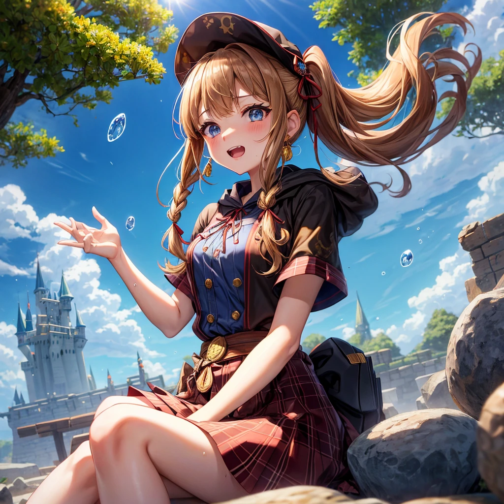 reddish-brown blonde、blue eyes、Braid、ponytail、one good looking girl、solo、anime、Plaid miniskirt、the skirt has buttons、camisole、black t-shirt、dress、Doing the ribbon、Ribbon at waist、cloak、Crystal Grotto、hood、desert、clouds are swirling、stone slabs are piled up、One hand is raised、Wearing a baseball cap 、crystal earrings、sun、sitting、gold coins are falling、teeth are visible、splash of water、monster castle、have a world map、bow