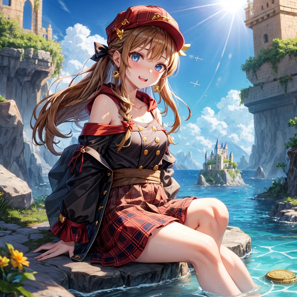reddish-brown blonde、blue eyes、Braid、ponytail、one good looking girl、solo、anime、Plaid miniskirt、the skirt has buttons、camisole、black t-shirt、dress、Doing the ribbon、Ribbon at waist、cloak、Crystal Grotto、hood、desert、clouds are swirling、stone slabs are piled up、One hand is raised、Wearing a baseball cap 、crystal earrings、sun、sitting、gold coins are falling、teeth are visible、splash of water、monster castle、have a world map、bow