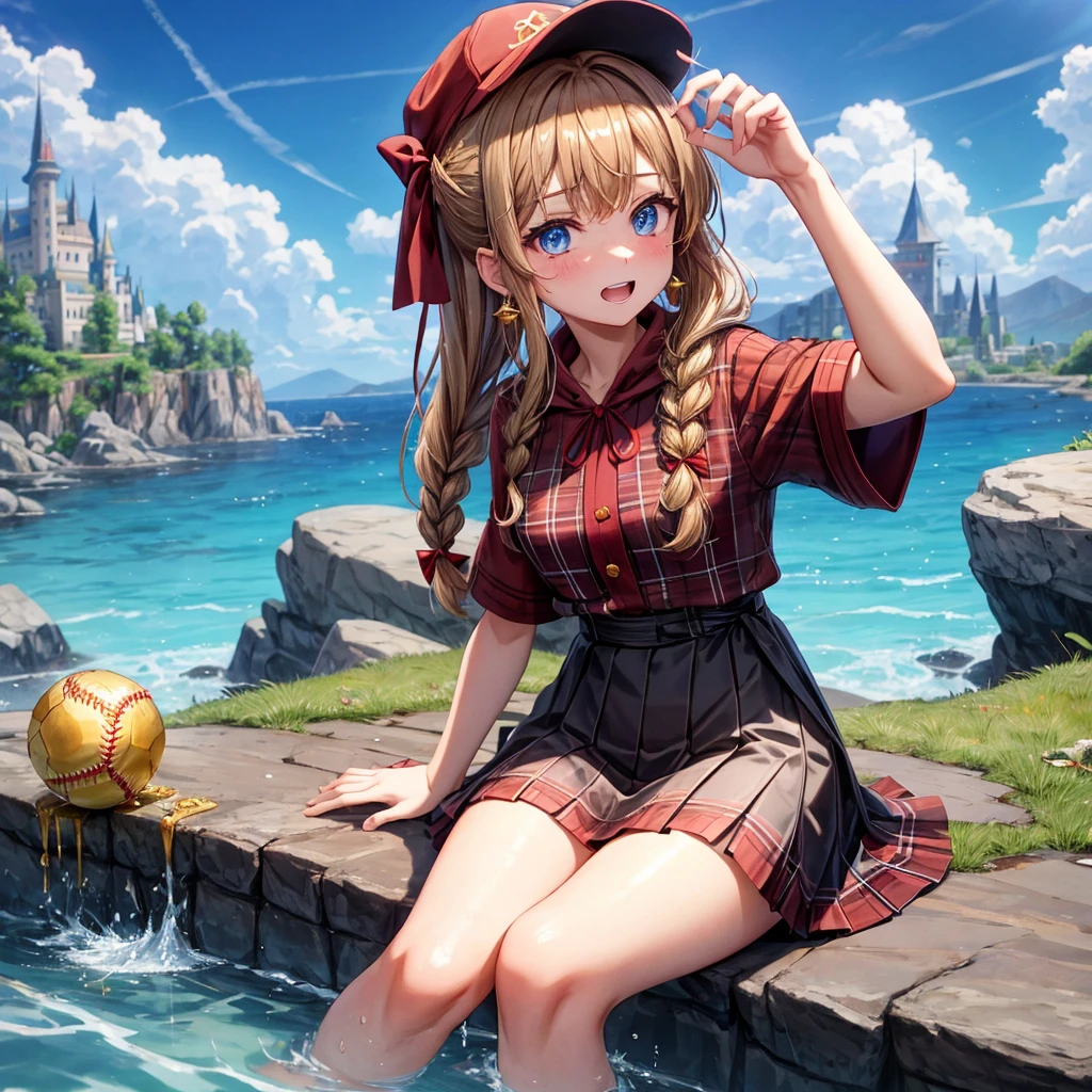 reddish-brown blonde、blue eyes、Braid、ponytail、one good looking girl、solo、anime、Plaid miniskirt、the skirt has buttons、camisole、black t-shirt、dress、Doing the ribbon、Ribbon at waist、cloak、Crystal Grotto、hood、desert、clouds are swirling、stone slabs are piled up、One hand is raised、Wearing a baseball cap 、crystal earrings、sun、sitting、gold coins are falling、teeth are visible、splash of water、monster castle、have a world map、bow