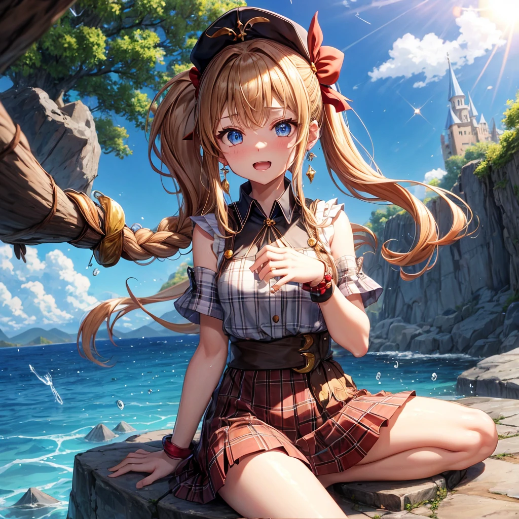 reddish-brown blonde、blue eyes、Braid、ponytail、one good looking girl、solo、anime、Plaid miniskirt、the skirt has buttons、camisole、black t-shirt、dress、Doing the ribbon、Ribbon at waist、cloak、Crystal Grotto、hood、desert、clouds are swirling、stone slabs are piled up、One hand is raised、Wearing a baseball cap 、crystal earrings、sun、sitting、gold coins are falling、teeth are visible、splash of water、monster castle、have a world map、bow