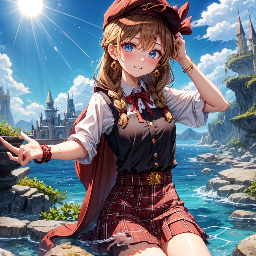 reddish-brown blonde、blue eyes、Braid、ponytail、one good looking girl、solo、anime、Plaid miniskirt、the skirt has buttons、camisole、black t-shirt、dress、Doing the ribbon、Ribbon at waist、cloak、Crystal Grotto、hood、desert、clouds are swirling、stone slabs are piled up、One hand is raised、Wearing a baseball cap 、crystal earrings、sun、sitting、gold coins are falling、teeth are visible、splash of water、monster castle、have a world map、bow