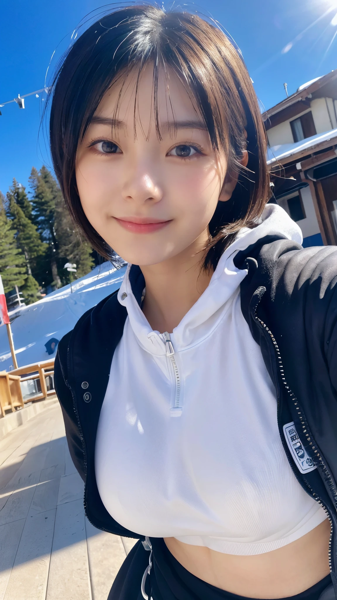 (highest quality,masterpiece:1.3,ultra high resolution),(Super detailed,caustics,16k),(photorealistic:1.4,RAW shooting),ultra-realistic capture,close-up of human skin,natural skin texture,Pores are detailed enough to be easily identified,Healthy skin and even tone,Use natural light and color,18-year-old,Japanese,cute,ski wear,black hair short cut,Smiling and looking at the camera,big breasts,shot from the waist up,(face focus:1.2),(Face close-up:1.2),(low position:1.3),(Low - Angle:1.3),(Ski resort),sun,blue sky,