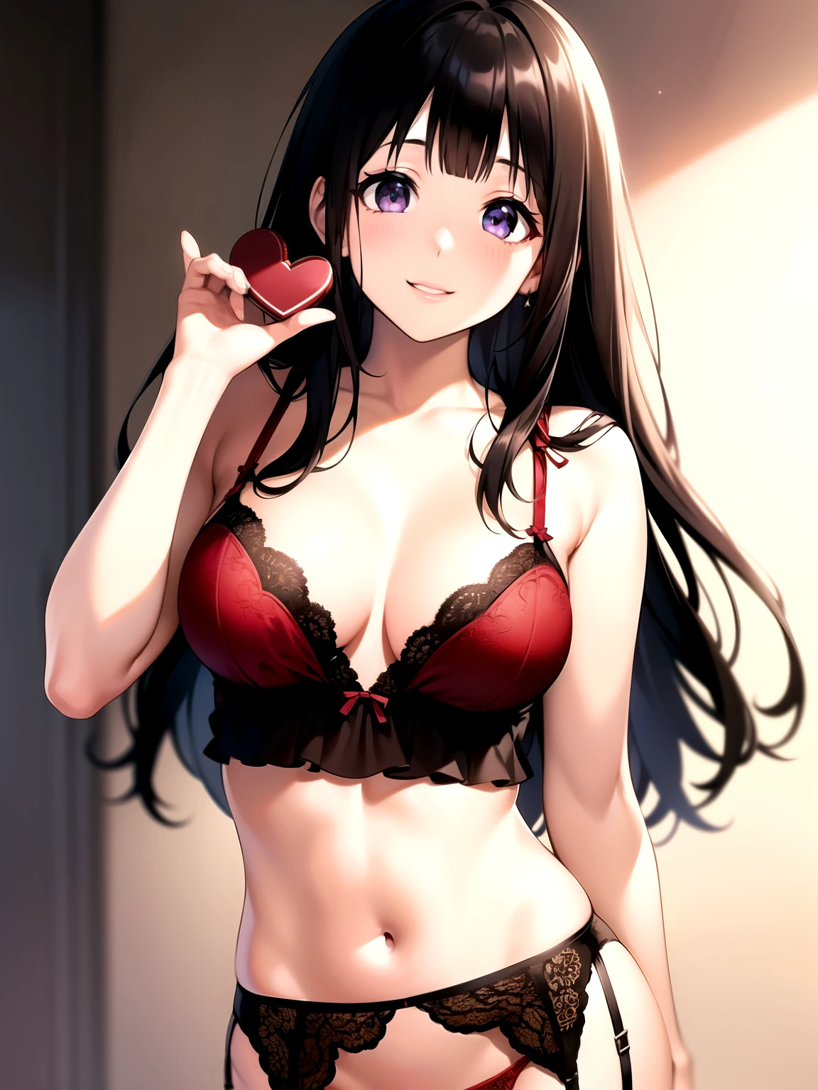 (A superb exquisite Chitanda Eru), (mature face), intricate details, (finely detailed beautiful eyes: 1.2), purple eyes, long black hair, natural straight hair, straight bangs, solo, [Small_breasts: large_breasts: 0.5], normal breasts, extremely delicate, peerless beautiful girl, dreamy quality, exaggerated facial features, solid color, delicate face, bright lips, slender waist, straight curves, soft lights and shadows, super fine, 8K, HD, (masterpiece:1.4), (((red lingerie, timid smile, garter belt, photoshoot, valentine day, chocolate on body)))