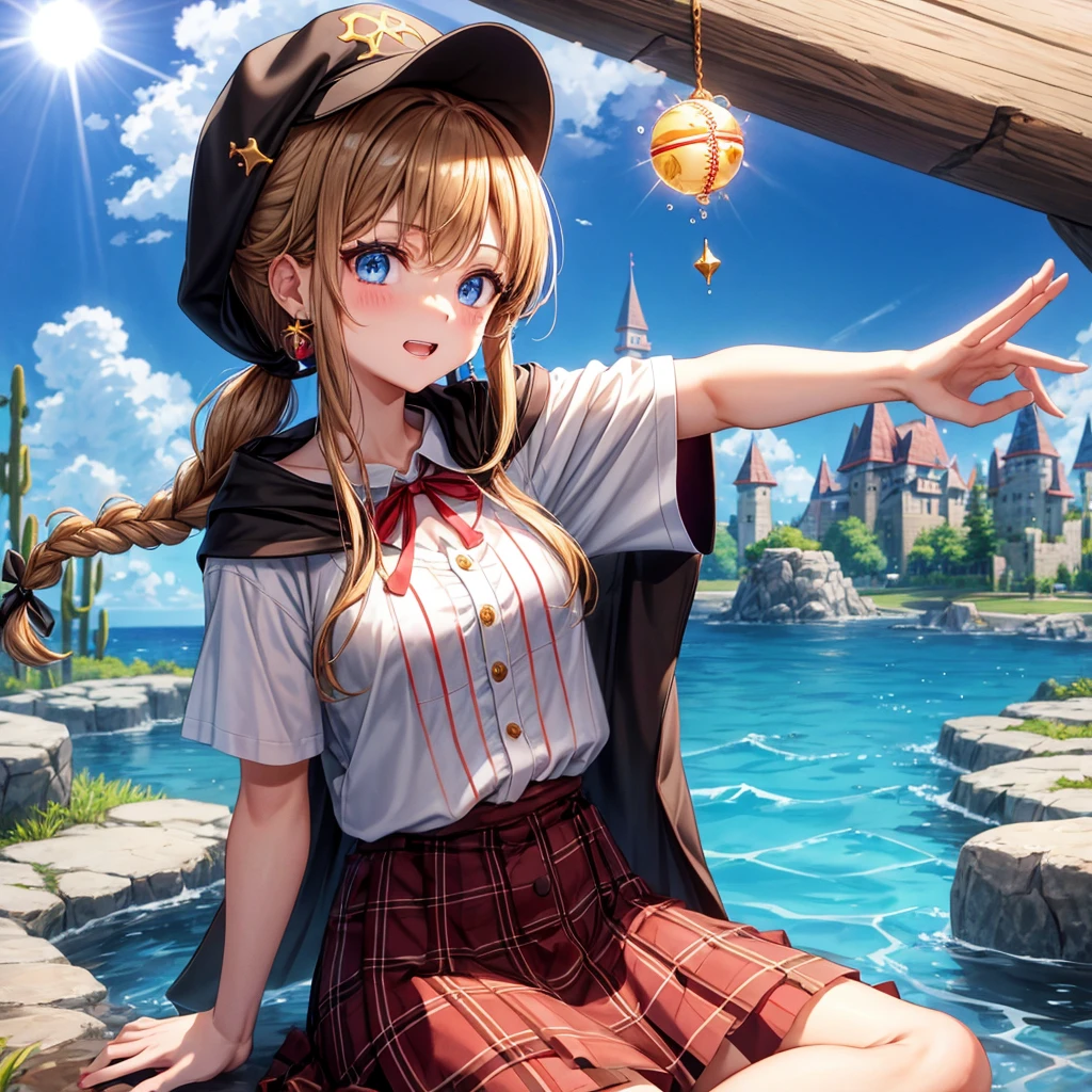 reddish-brown blonde、blue eyes、Braid、ponytail、one good looking girl、solo、anime、Plaid miniskirt、the skirt has buttons、camisole、black t-shirt、dress、Doing the ribbon、Ribbon at waist、cloak、Crystal Grotto、hood、desert、clouds are swirling、stone slabs are piled up、One hand is raised、Wearing a baseball cap 、crystal earrings、sun、sitting、gold coins are falling、teeth are visible、splash of water、monster castle、have a world map、bow