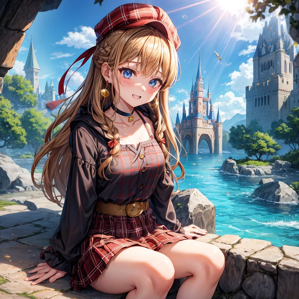 reddish-brown blonde、blue eyes、Braid、ponytail、one good looking girl、solo、anime、Plaid miniskirt、the skirt has buttons、camisole、black t-shirt、dress、Doing the ribbon、Ribbon at waist、cloak、Crystal Grotto、hood、desert、clouds are swirling、stone slabs are piled up、One hand is raised、Wearing a baseball cap 、crystal earrings、sun、sitting、gold coins are falling、teeth are visible、splash of water、monster castle、have a world map、bow