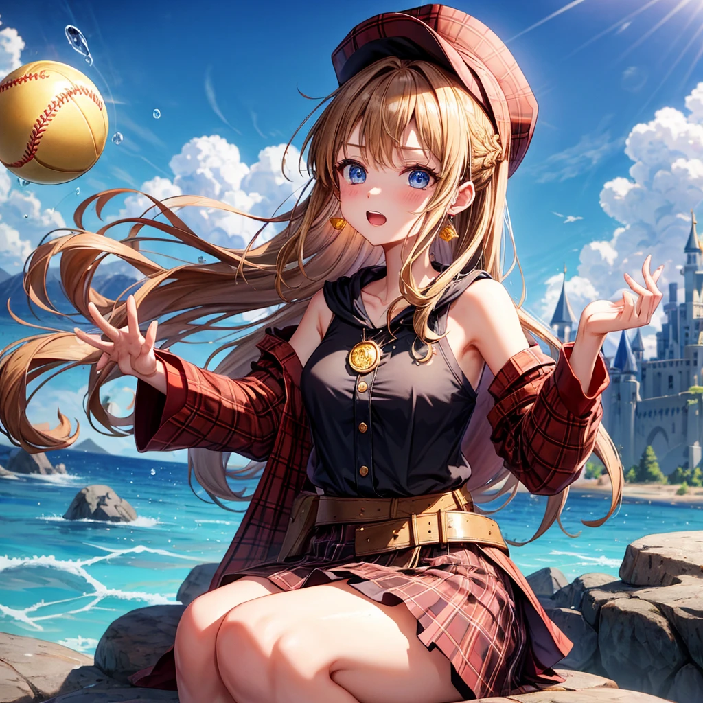 reddish-brown blonde、blue eyes、Braid、ponytail、one good looking girl、solo、anime、Plaid miniskirt、the skirt has buttons、camisole、black t-shirt、dress、Doing the ribbon、Ribbon at waist、cloak、Crystal Grotto、hood、desert、clouds are swirling、stone slabs are piled up、One hand is raised、Wearing a baseball cap 、crystal earrings、sun、sitting、gold coins are falling、teeth are visible、splash of water、monster castle、have a world map、bow