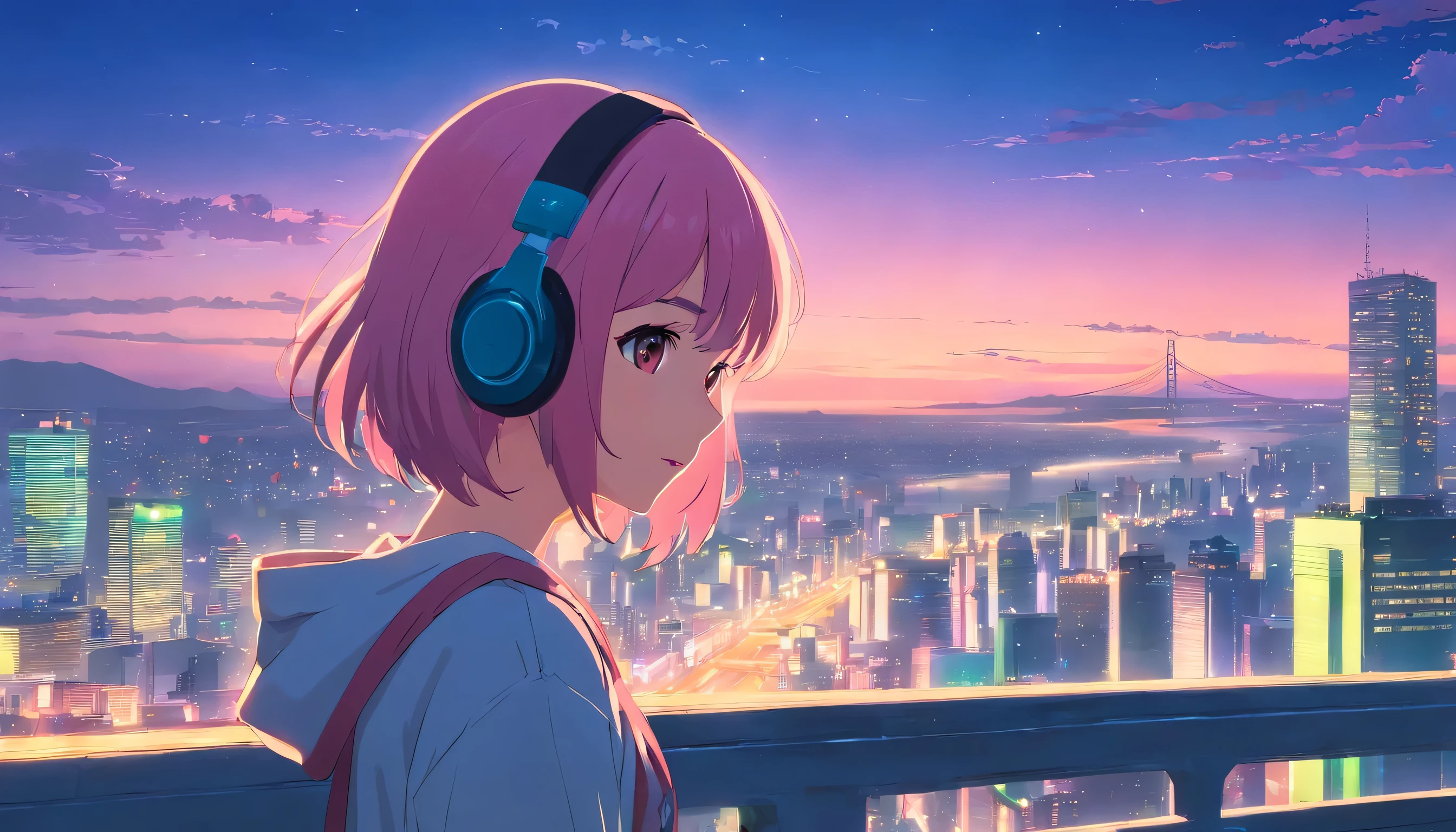 ​masterpiece、top-quality、ultra-detailliert、girl with、Her hair is pink and shoulder-length、wearing headphones, The city of Tokyo、Night city、Makoto Shinkai landscape painting