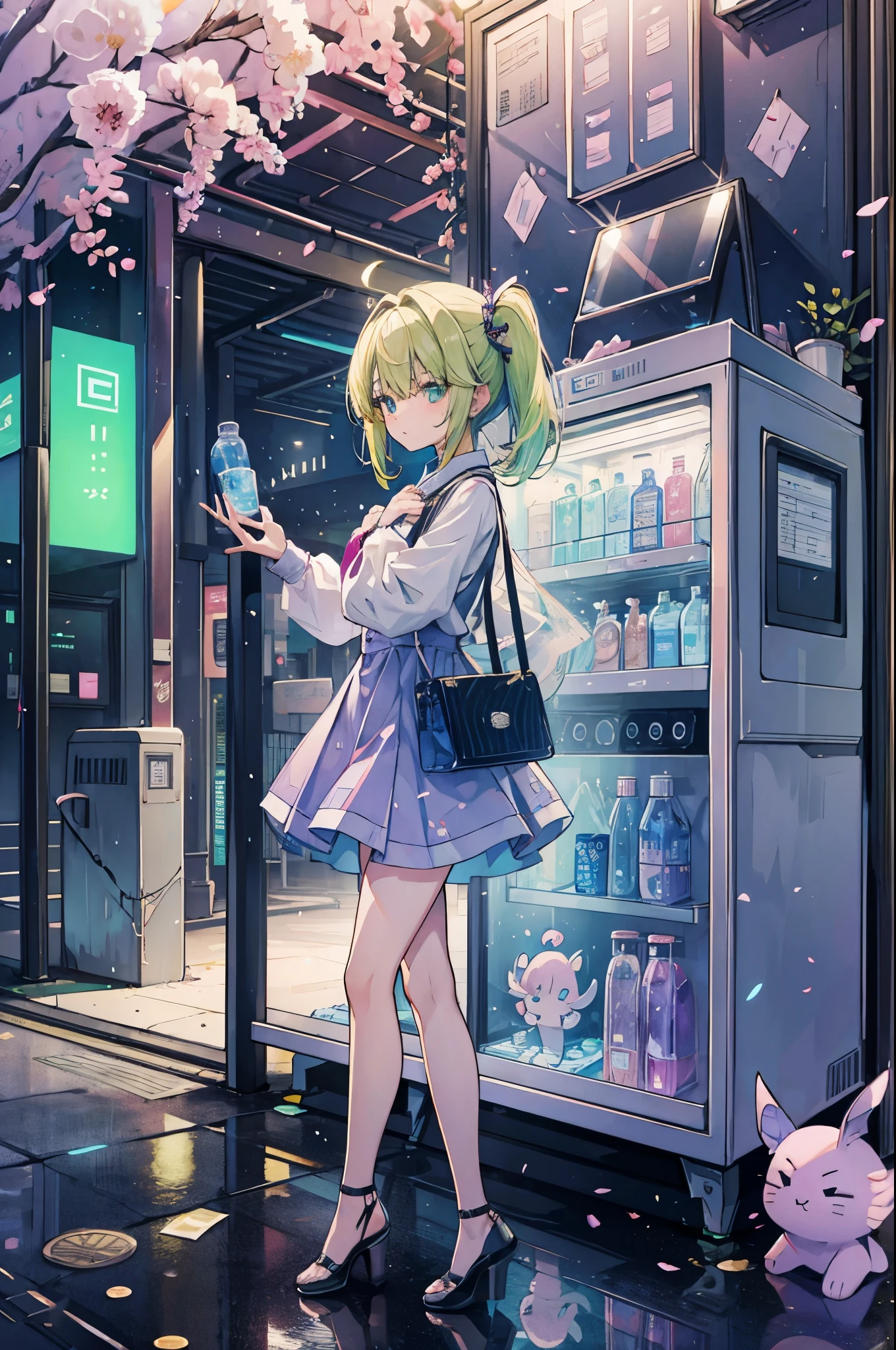 ((best quality, masterpiece, absurdres, super-resolution)) photo of beautiful jpn-gyaru, solo, Green,Blonde,Purple,White hair, standing in playground, from far, from side, glossy, beautiful anime eyes with luster reflection, beautiful, money, coins, drinks, bottled water, can soda, (ramune:1), vending machine on background