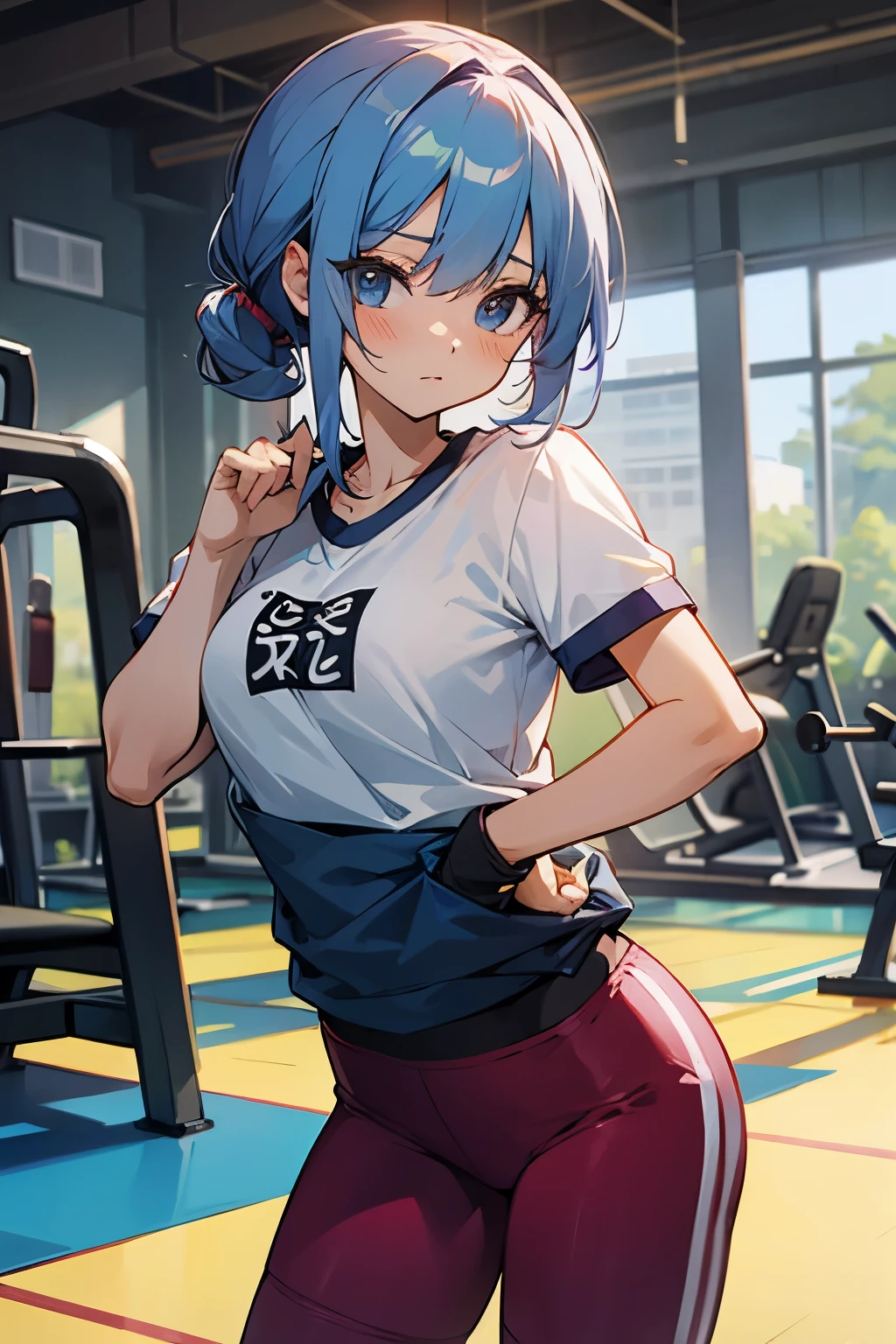 masterpiece, best quality, very aesthetic, absurdres, 1girl, mature_lady, ,,uzaki_hana, uzaki-chan_wa_asobitai!, grey_hair, short_hair, blue_eyes, fang, bracelet, jewelry, nail_polish, pink_nails, blue_skirt, blue_sleeves, miniskirt, pantyhose, black_pantyhose, raglan_sleeves, shirt, white_shirt with red printed,,in gym,floating_hair,pussy_hair