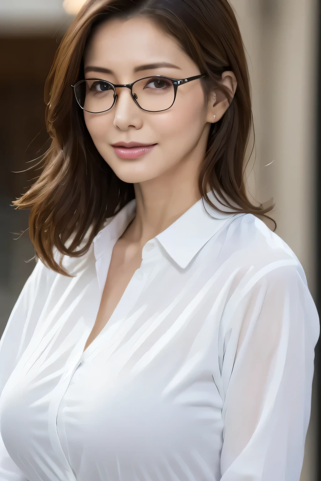 ((highest quality, 8K, masterpiece: 1.3)), sharp: 1.2, perfect body beauty: 1.4, slim abs: 1.2, ((layered hairstyles, big breasts: 1.2)), (Wet White Button Long Shirt: 1.1), (rain, street: 1.2), Wet: 1.5, Highly detailed face and skin texture, fine eyes, double eyelid, View from the side looking at the camera,Glasses,