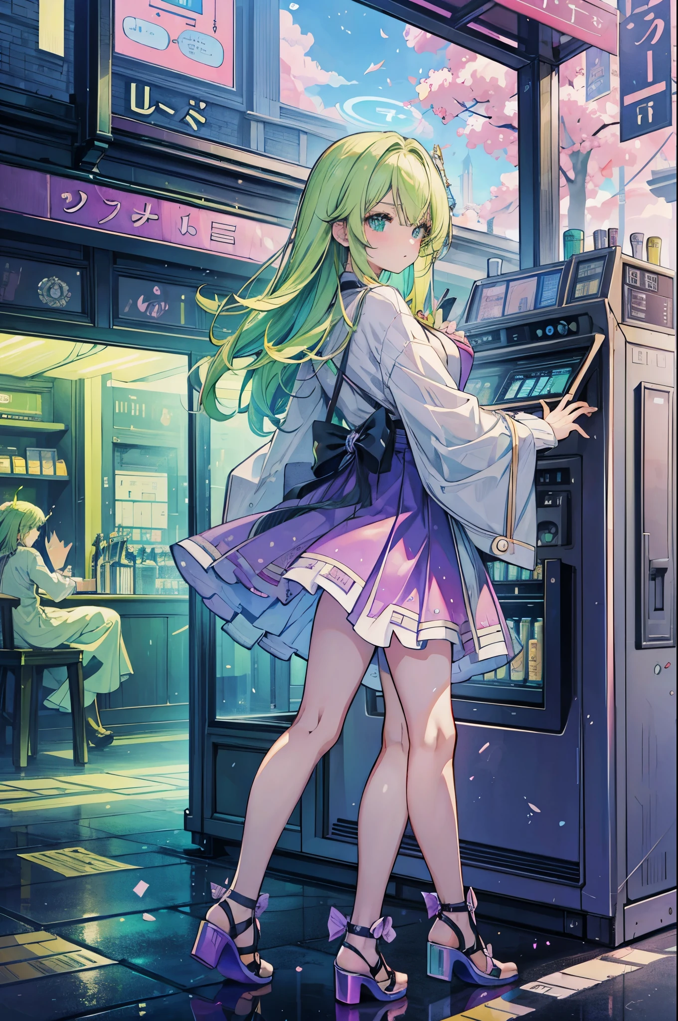 ((best quality, masterpiece, absurdres, super-resolution)) photo of beautiful jpn-gyaru, solo, Green,Blonde,Purple,White hair, standing in playground, from far, from side, glossy, beautiful anime eyes with luster reflection, beautiful, money, coins, drinks, bottled water, can soda, (ramune:1), vending machine on background