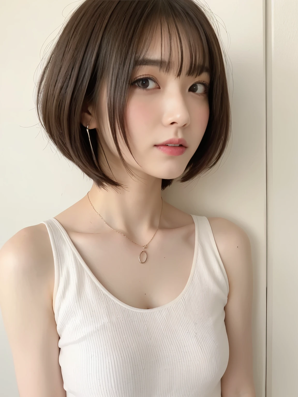 (highest quality、8K、32K、masterpiece、nffsw:1.2)、photo of cute japanese woman、very short bobbed hair、Upper body、surface focus、necklace、From above、Don'don't look at the audience、(realistic、Photoreal:1.37)、1 girl、Shot in natural light、Physically based rendering、excellent image quality、High resolution、1080P、(pretty face)、(Detailed facial description)、(Detailed explanation of hands)、(Masseter muscle part)、(Detailed CG)、 extreme light and shadow、masterpiece、Rich details、(exquisite features)、(best image quality)、(masterpiece)、(fine eyes)、delicate clavicle、Versatile poses、profile、white wall、Taken in front of the white door、(窓のあるwhite wallの部屋)、earrings、white wall、Taken in front of the white door、(窓のあるwhite wallの部屋)、laughter、Spring clothes、 shortcut、short hair、((Dark pink hair color))、((white blouse))