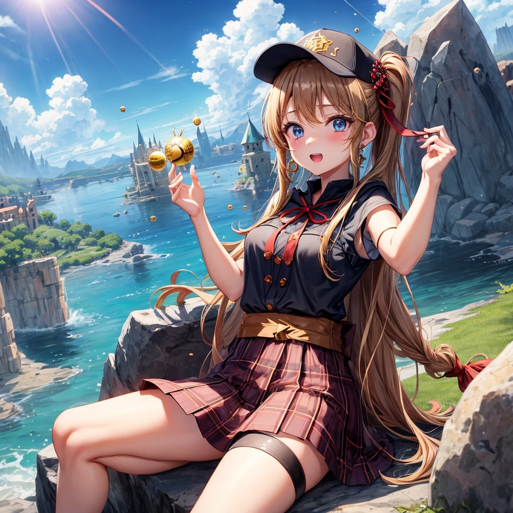 reddish-brown blonde、blue eyes、Braid、ponytail、one good looking girl、solo、anime、Plaid miniskirt、the skirt has buttons、camisole、black t-shirt、dress、Doing the ribbon、Ribbon at waist、cloak、Crystal Grotto、hood、desert、clouds are swirling、stone slabs are piled up、One hand is raised、Wearing a baseball cap 、crystal earrings、sun、sitting、gold coins are falling、teeth are visible、splash of water、monster castle、have a world map、bow