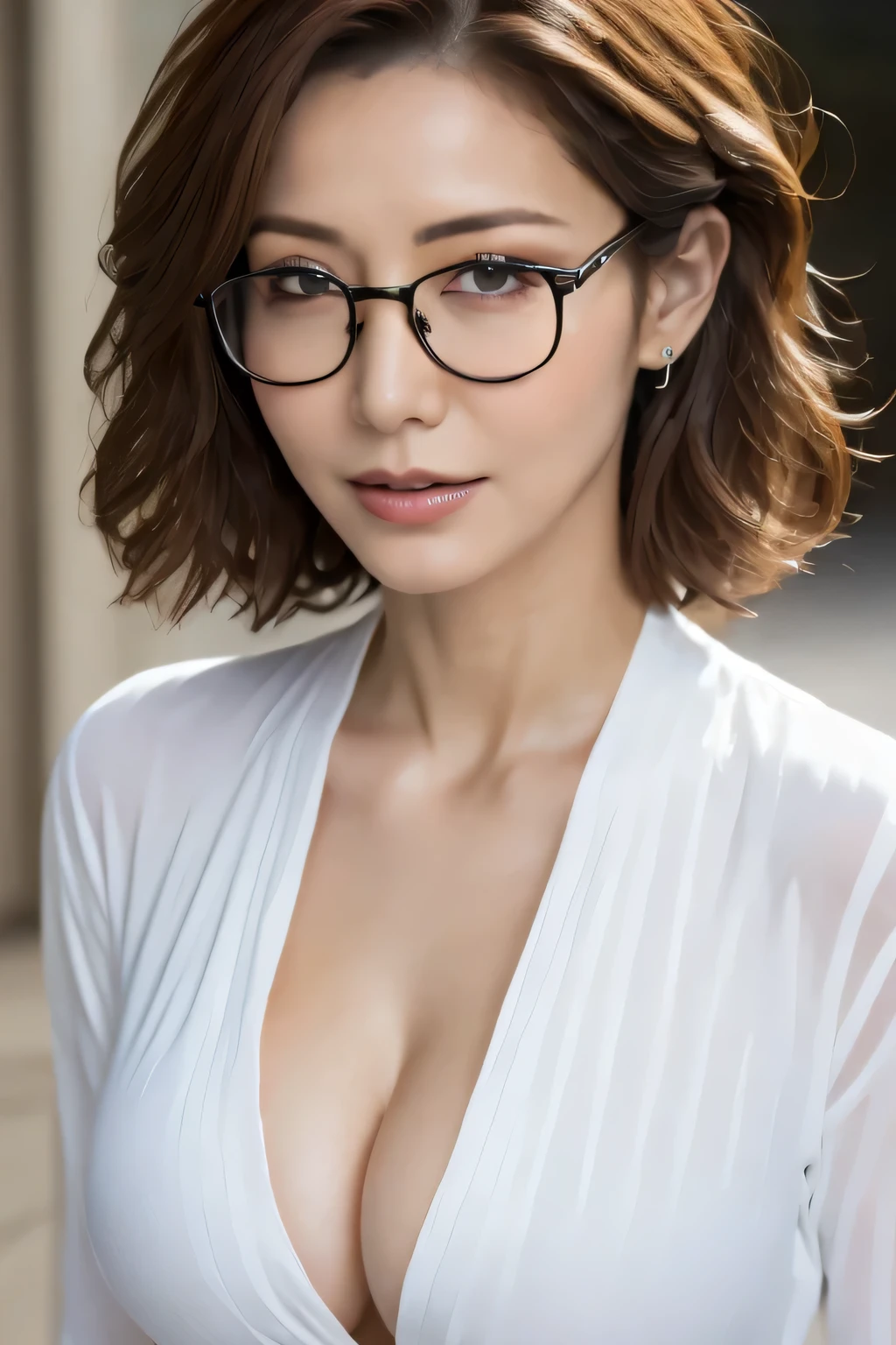 ((highest quality, 8K, masterpiece: 1.3)), sharp: 1.2, perfect body beauty: 1.4, slim abs: 1.2, ((layered hairstyles, big breasts: 1.2)), (Wet White Button Long Shirt: 1.1), (rain, street: 1.2), Wet: 1.5, Highly detailed face and skin texture, fine eyes, double eyelid, View from the side looking at the camera,Glasses,