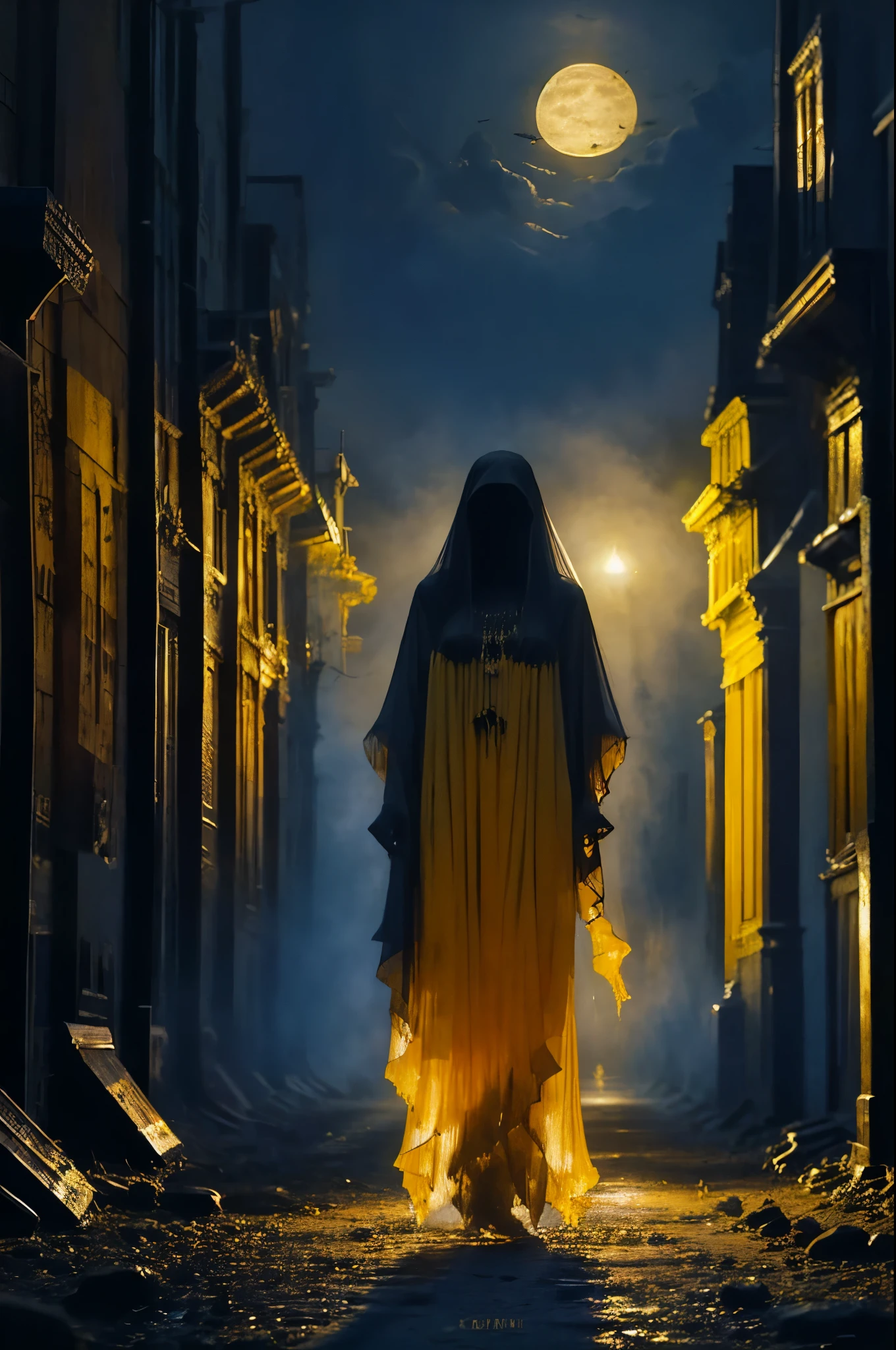 dark witch girl Portrait, Myanmar Yellow color dress , Dark witch, ghost hand Carry the coffin in Cemetery, beautifull long hair, moon night, black hair, wants to bite down, full body ,Village in Myanmar Dark night, hornor, full body, digital art