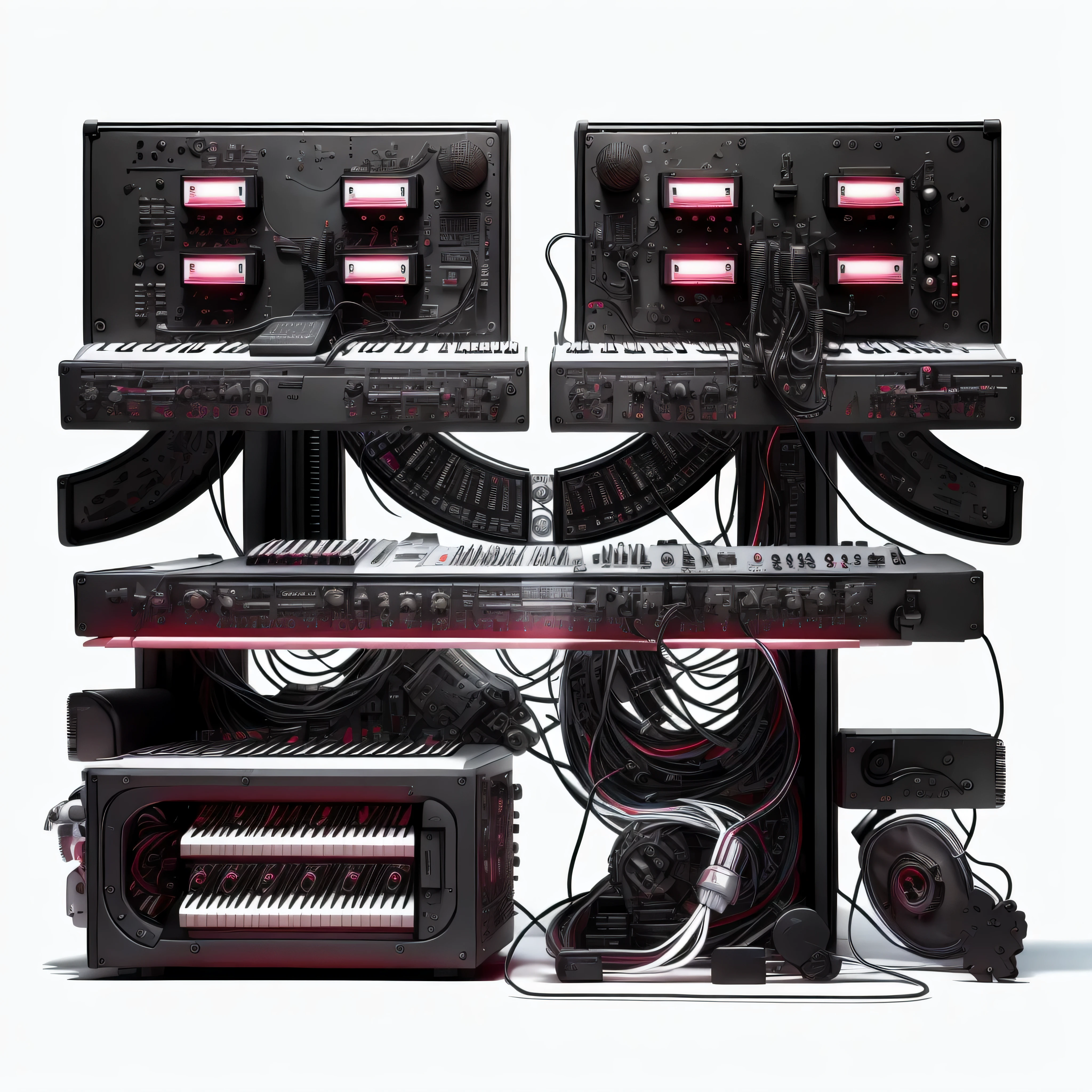 masterpiece，best quality，super detailed，Small stage，band，microphone，electric guitar，mixer，vocal，keyboard，dark gothic pattern，earphone，Colored lights
