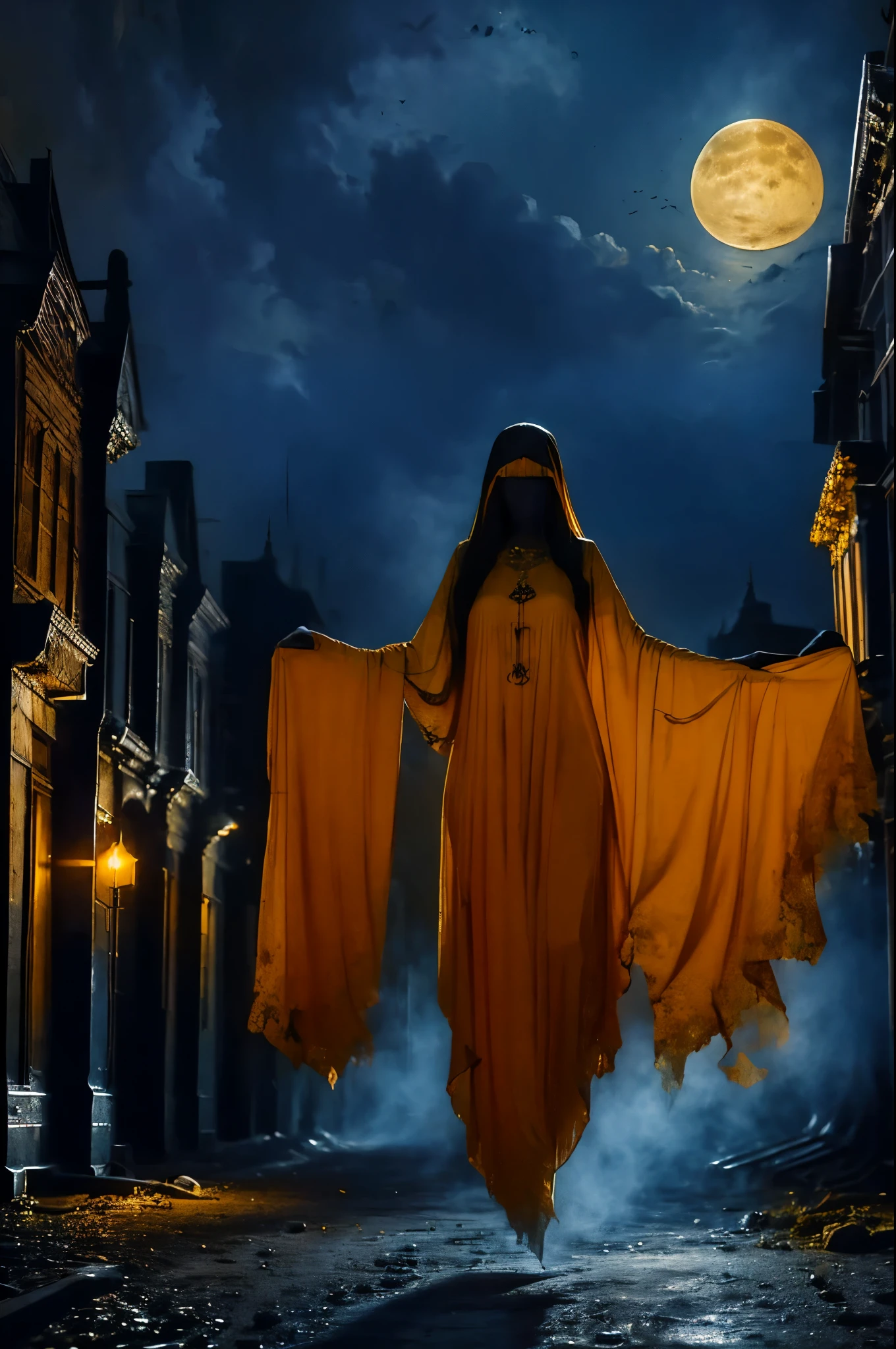 dark witch girl Portrait, Myanmar Yellow color dress , Dark witch, ghost Carry it with one hand ‌a coffin, beautifull long hair, moon night, black hair, wants to bite down, full body ,Village in Myanmar Dark night, hornor, full body, digital art