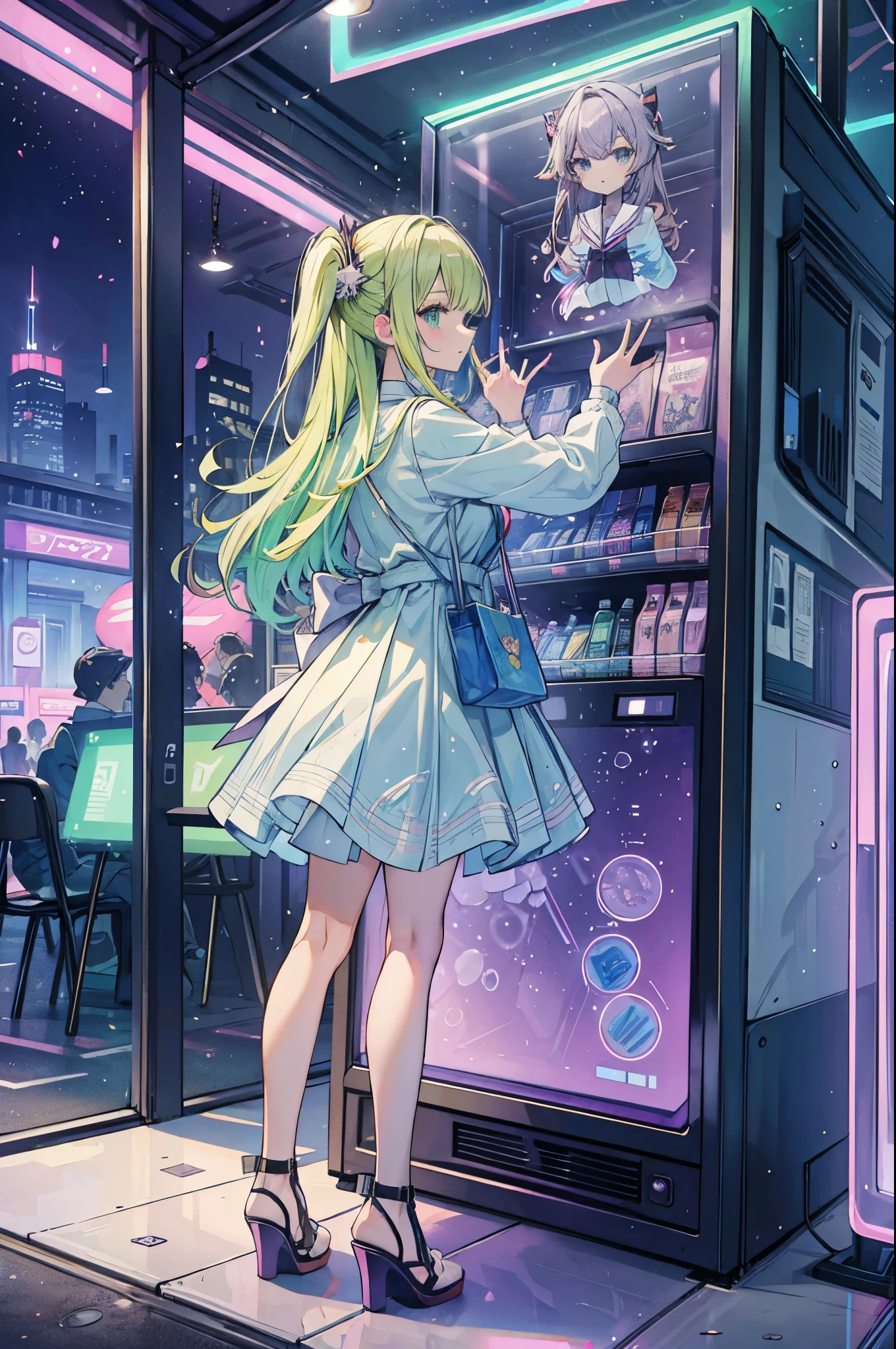 ((best quality, masterpiece, absurdres, super-resolution)) photo of beautiful jpn-gyaru, solo, Green,Blonde,Purple,White hair, standing in playground, from far, from side, glossy, beautiful anime eyes with luster reflection, beautiful, money, coins, drinks, bottled water, can soda, (ramune:1), vending machine on background