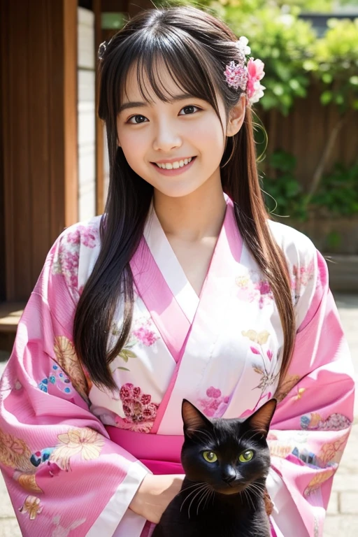 pink kimono、20 year old girl、Pound Cake、front, smile