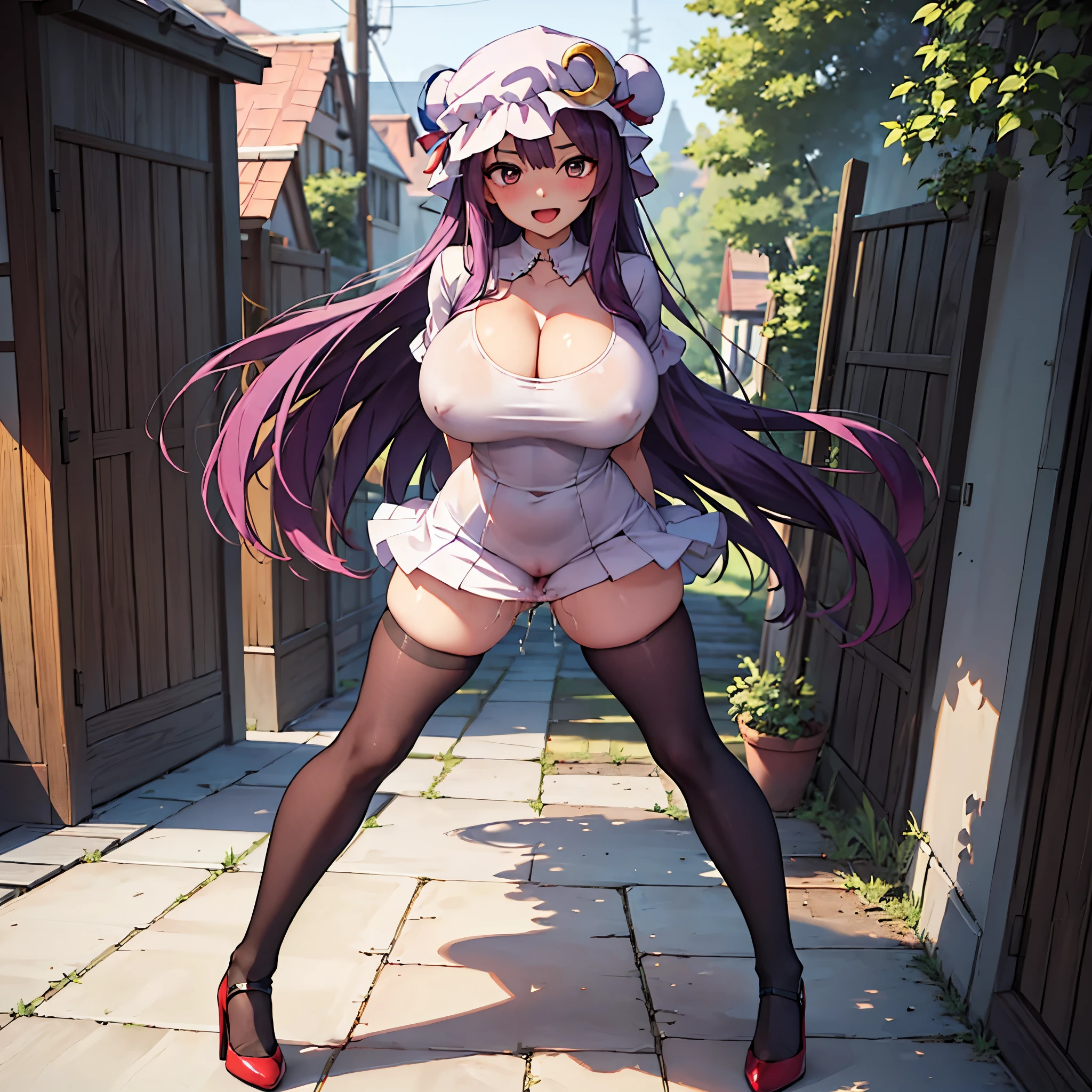 (Patchouli toho character), (standing at lakeside forest), outside, (standing with open legs wide:1.6), (thin arms behind back:1.3), (bending back:1.2), tiptoe, (pigeon toed), BREAK, (disproportionately gigantic huge perky breasts:1.4), cleavage, bouncing breasts, inconceivably thin waist, very short thin torso, (thin long legs apart:1.3), BREAK, very short miniskirt, thigh gap, (black thighhighs:1.2), highheels, BREAK, smile for viewer, open mouth, nose blush, full body, (excessive pussy juice dripping between legs:1.2)