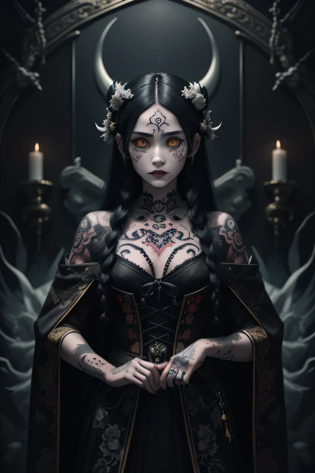 Masterpiece, Best Quality, (Intricate Details: 1.2), Beautiful Face, Anime Illustration, (Black and White Theme), Ukiyo-e, ((1girl, (Facial Tattoo: 1.2), Little Ghost Horn, )), Anime Girl with Tiger Eyes and Black Hair, Yellow Eyes, This painting a girl carried the coffin, dark witch-like character. She has beautifull long hair, white and black hair, Yellow dress, and this painting is a beautiful comic art. The character is murderous, as if he wants to bite down, with crystal clear hair and wary eyes. But on the screen, you can see the incarnation of the holy elements of the gods, dark witch carried the coffin