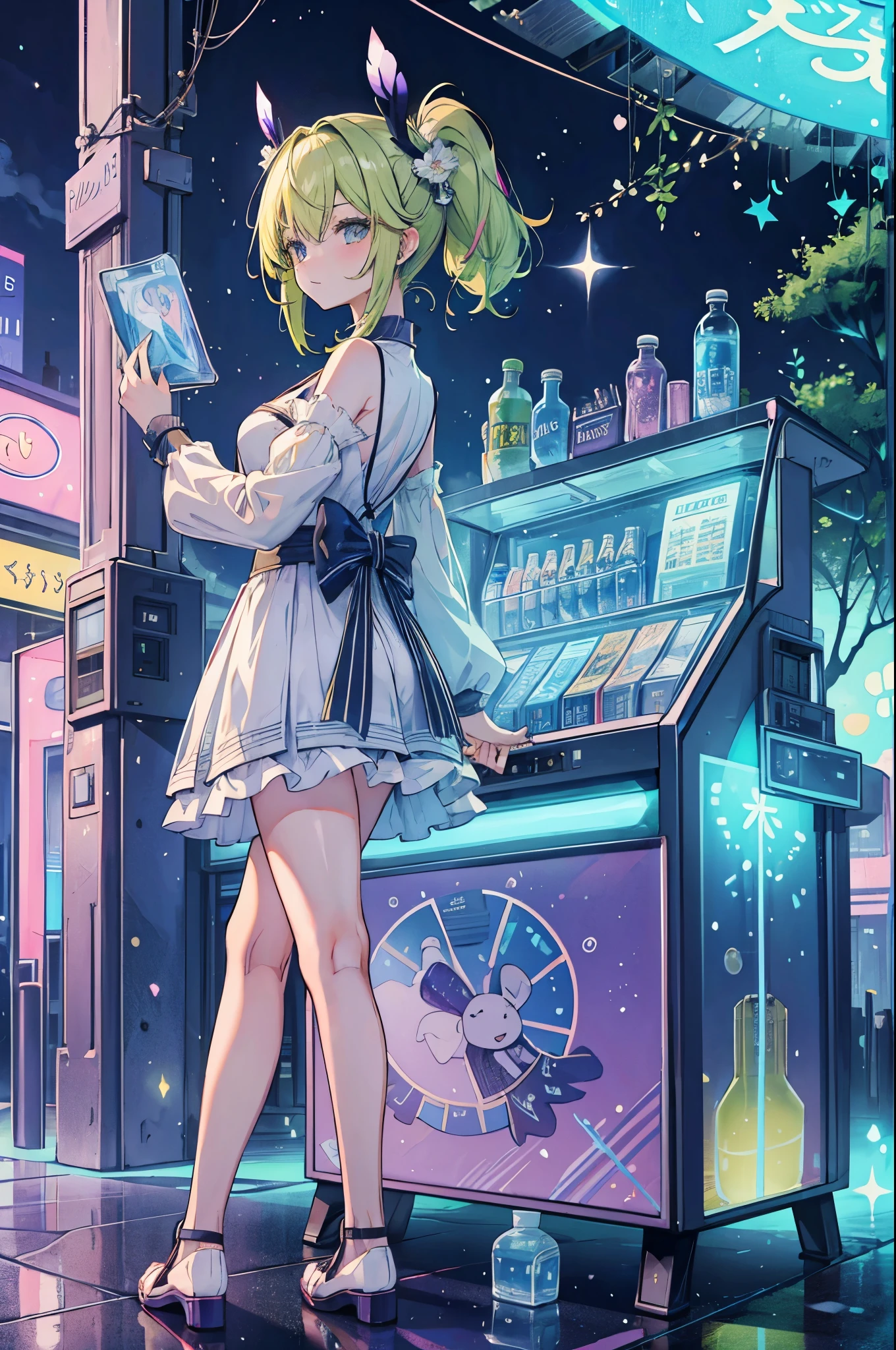((best quality, masterpiece, absurdres, super-resolution)) photo of beautiful jpn-gyaru, solo, Green,Blonde,Purple,White hair, standing in playground, from far, from side, glossy, beautiful anime eyes with luster reflection, beautiful, money, coins, drinks, bottled water, can soda, (ramune:1), vending machine on background