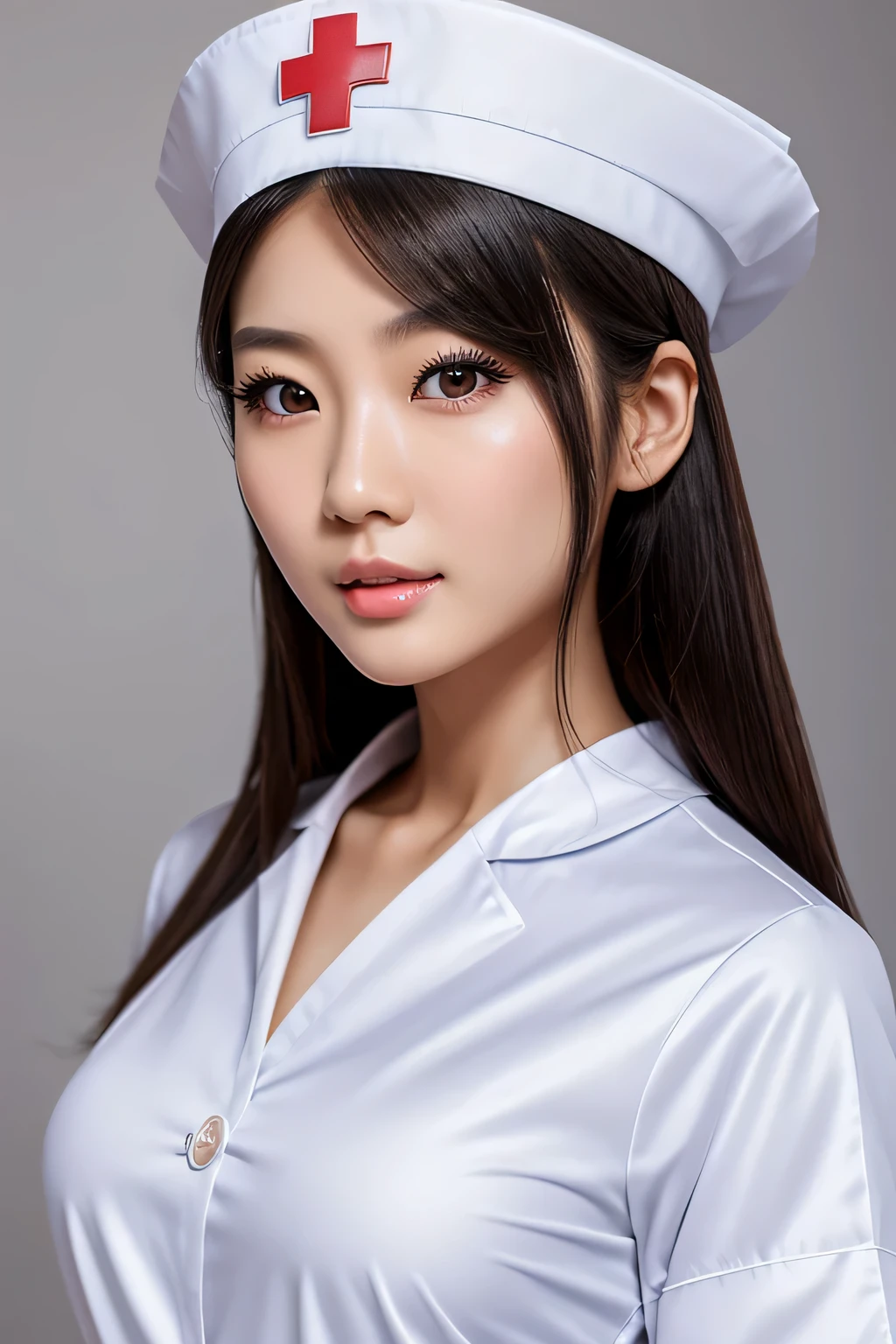 there is a woman in a nurse hat posing for a picture, gorgeous chinese model, beautiful asian girl, japanese goddess, beautiful asian woman, bust with a beautiful neck, beautiful detailed body and face, sexy girl, asian girl, chinese girl, korean girl, seductive anime girl, bust with a long beautiful neck, sexy look at the camera, beautiful girl model photorealistic eyes photorealistic mouth photorealistic nose photorealistic babe real eyes white nurse uniform