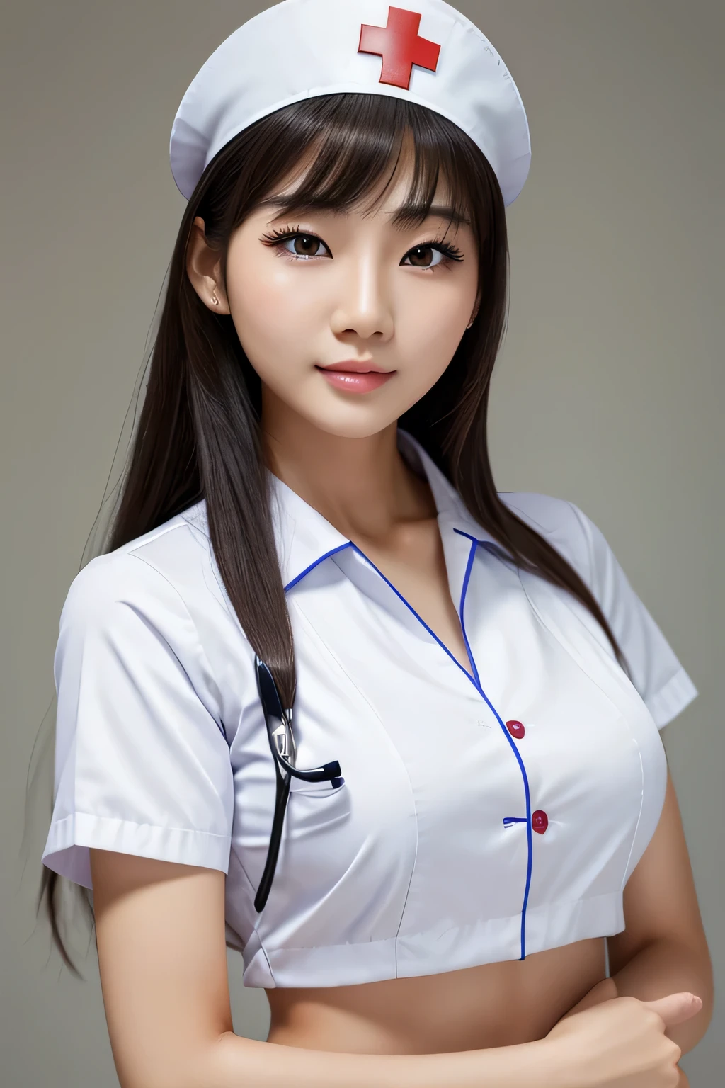 there is a woman in a nurse hat posing for a picture, gorgeous chinese model, beautiful asian girl, japanese goddess, beautiful asian woman, bust with a beautiful neck, beautiful detailed body and face, sexy girl, asian girl, chinese girl, korean girl, seductive anime girl, bust with a long beautiful neck, sexy look at the camera, beautiful girl model photorealistic eyes photorealistic mouth photorealistic nose photorealistic babe real eyes white nurse uniform