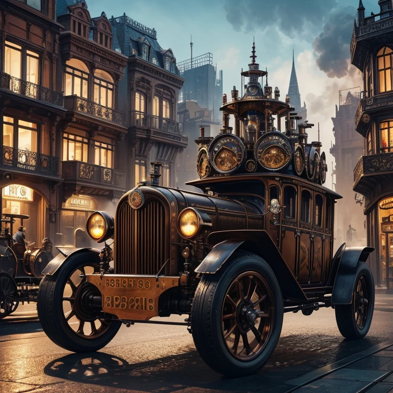 A custom steampunk vehicule, combining elements of Victorian design with retro-futuristic technology, set in a bustling city square of the steam era, detailed with cogs, gears, and stem pipes, vibrant colors, dynamic scene, high definition, high quality, 16k resolution