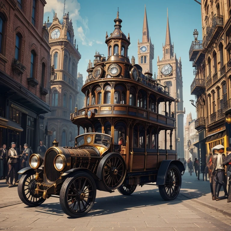 A custom steampunk vehicule, combining elements of Victorian design with retro-futuristic technology, set in a bustling city square of the steam era, detailed with cogs, gears, and stem pipes, vibrant colors, dynamic scene, high definition, high quality, 16k resolution
