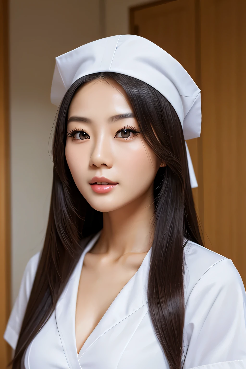 there is a woman in a nurse hat posing for a picture, gorgeous chinese model, beautiful asian girl, japanese goddess, beautiful asian woman, bust with a beautiful neck, beautiful detailed body and face, sexy girl, asian girl, chinese girl, korean girl, seductive anime girl, bust with a long beautiful neck, sexy look at the camera, beautiful girl model photorealistic eyes photorealistic mouth photorealistic nose photorealistic babe real eyes slutty white nurse uniform open shoulders top