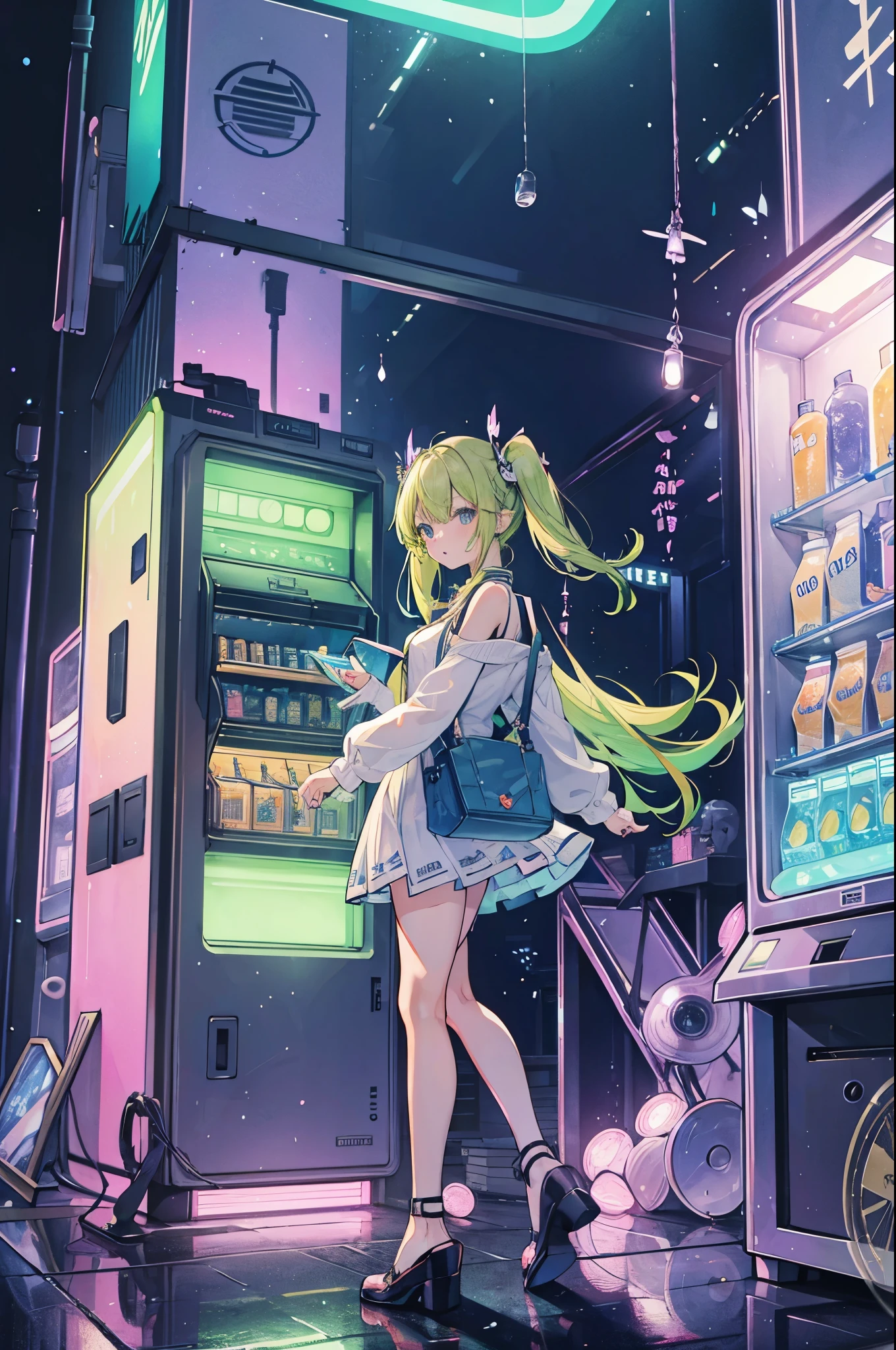 ((best quality, masterpiece, absurdres, super-resolution)) photo of beautiful jpn-gyaru, solo, Green,Blonde,Purple,White hair, standing in playground, from far, from side, glossy, beautiful anime eyes with luster reflection, beautiful, money, coins, drinks, bottled water, can soda, (ramune:1), vending machine on background