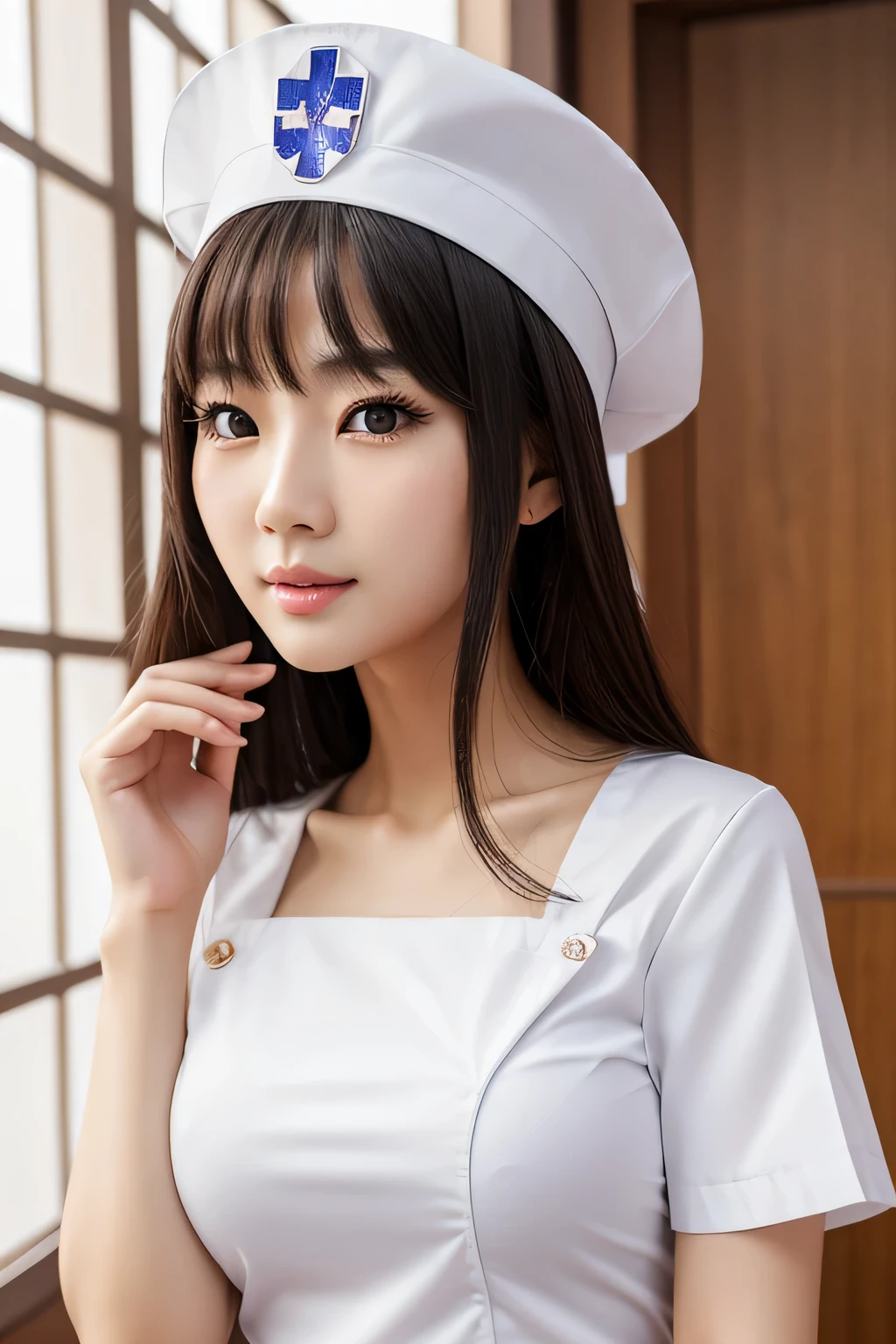 there is a woman in a nurse hat posing for a picture, gorgeous chinese model, beautiful asian girl, japanese goddess, beautiful asian woman, bust with a beautiful neck, beautiful detailed body and face, sexy girl, asian girl, chinese girl, korean girl, seductive anime girl, bust with a long beautiful neck, sexy look at the camera, beautiful girl model photorealistic eyes photorealistic mouth photorealistic nose photorealistic babe real eyes slutty white nurse uniform open shoulders top