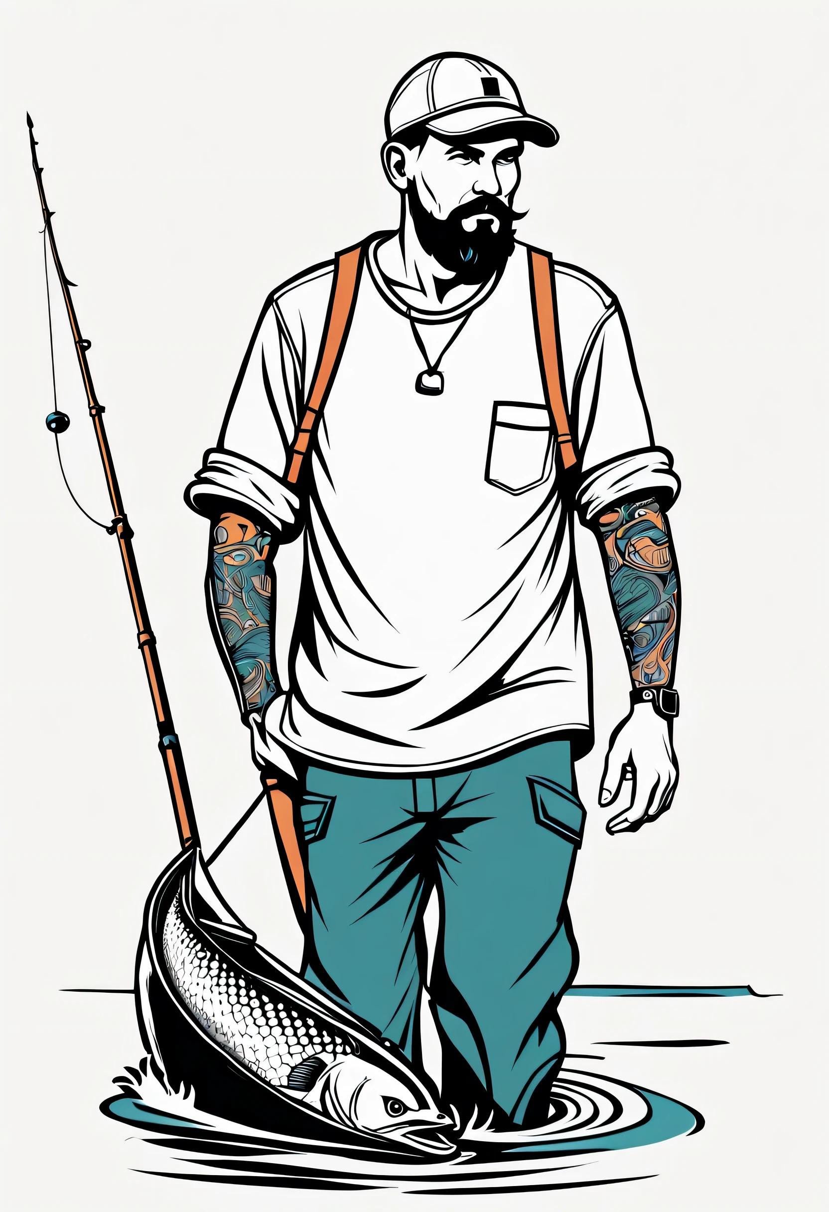 line art drawing Tattoo artwork of a fishermen, professional, sleek, modern, minimalist, graphic, line art, vector graphics, color